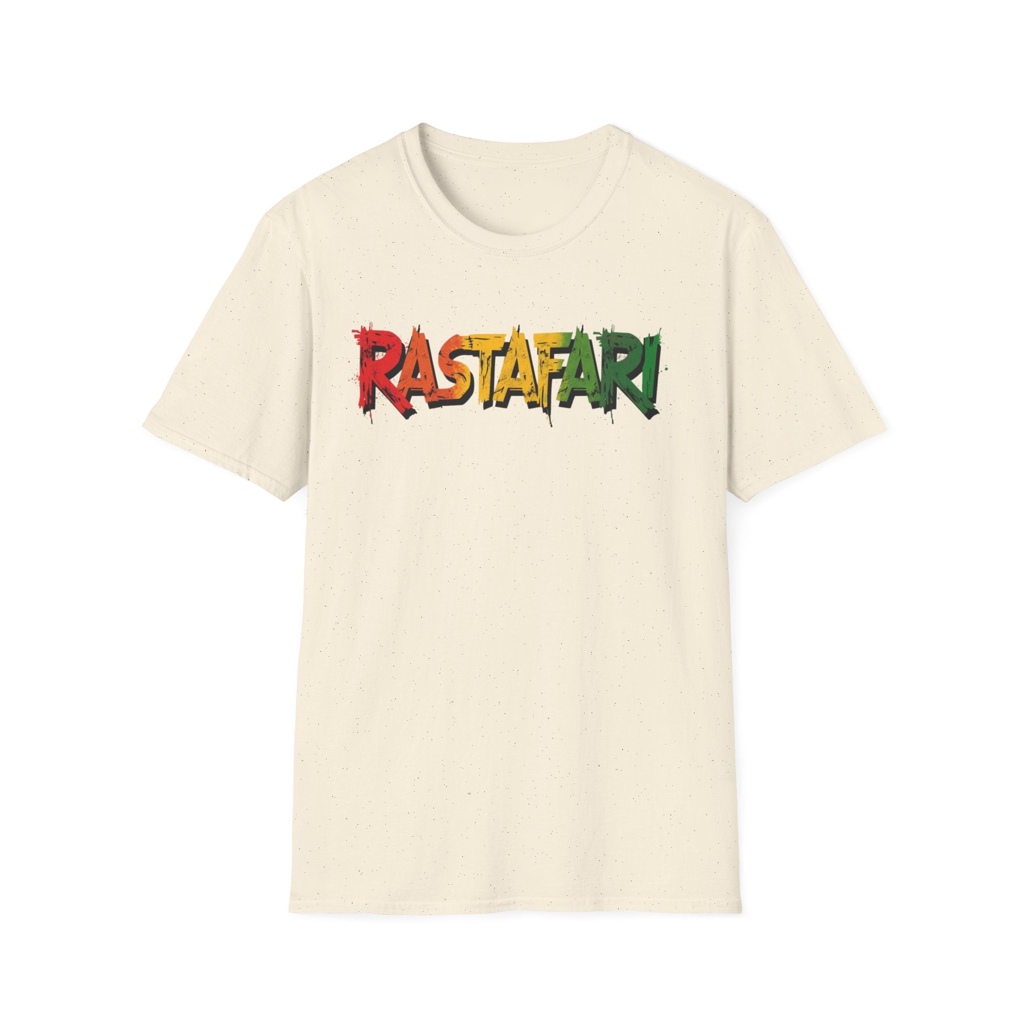 Beige t-shirt with 'Rastafari' text in Rastafarian colors on a white background