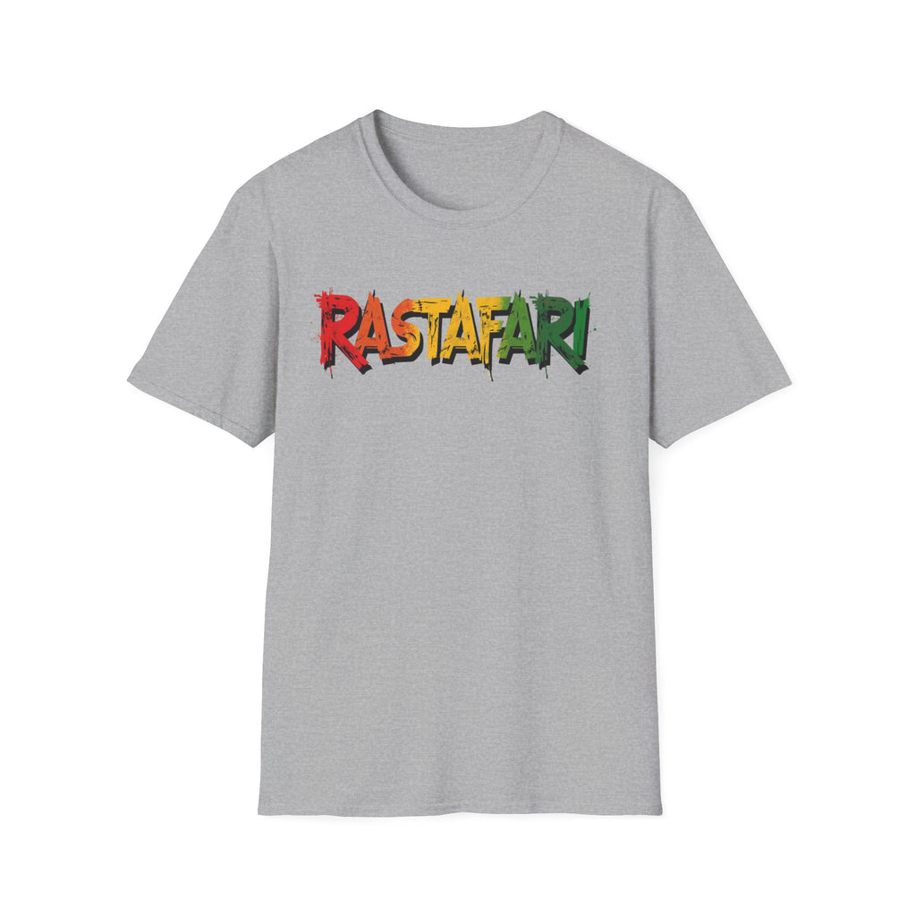 sports grey t-shirt with 'Rastafari' text in Rastafarian colors on a white background