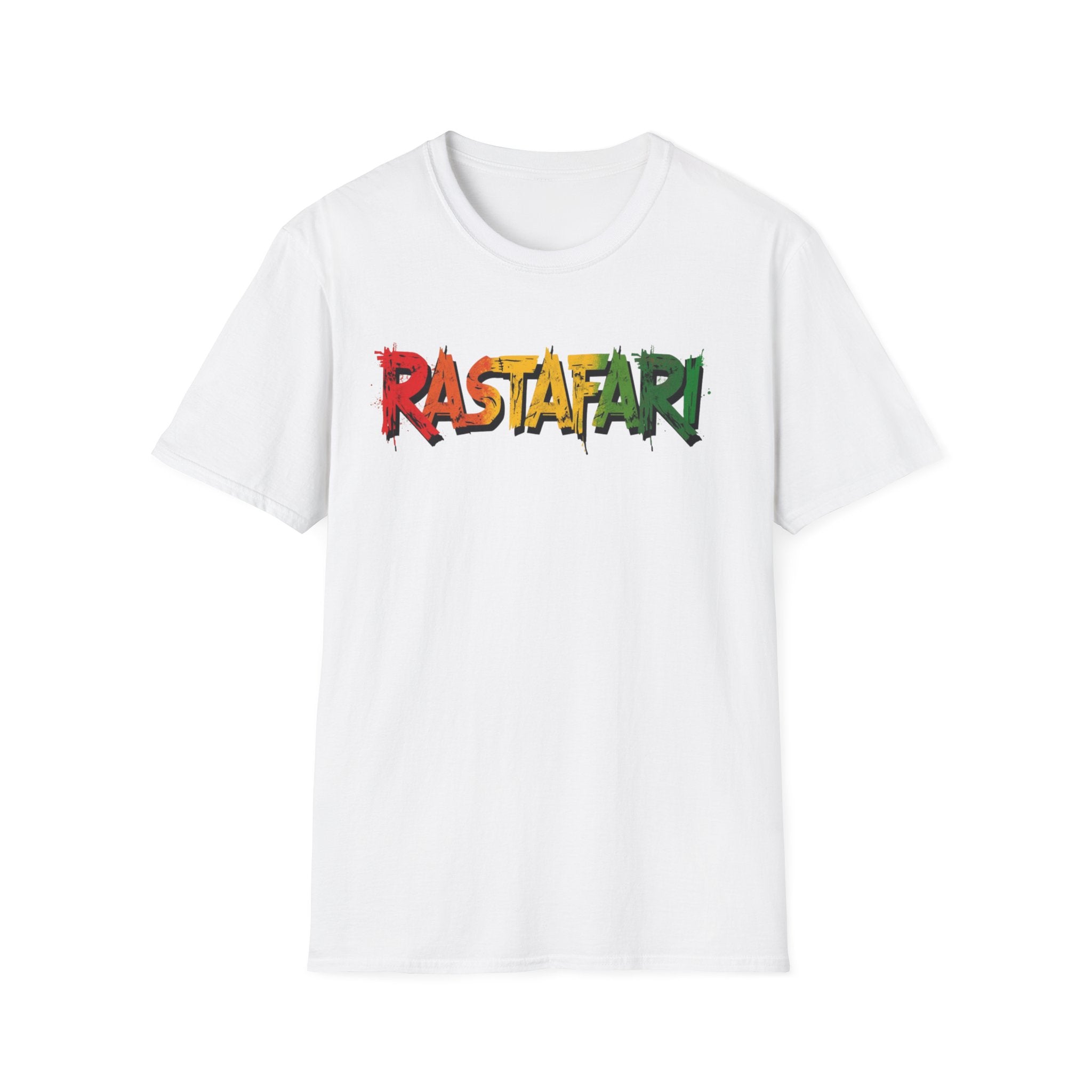 White t-shirt with 'Rastafari' text in Rastafarian colors on a white background
