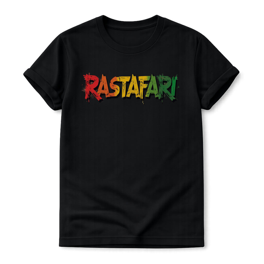 Black t-shirt with 'Rastafari' in colorful letters on a white background