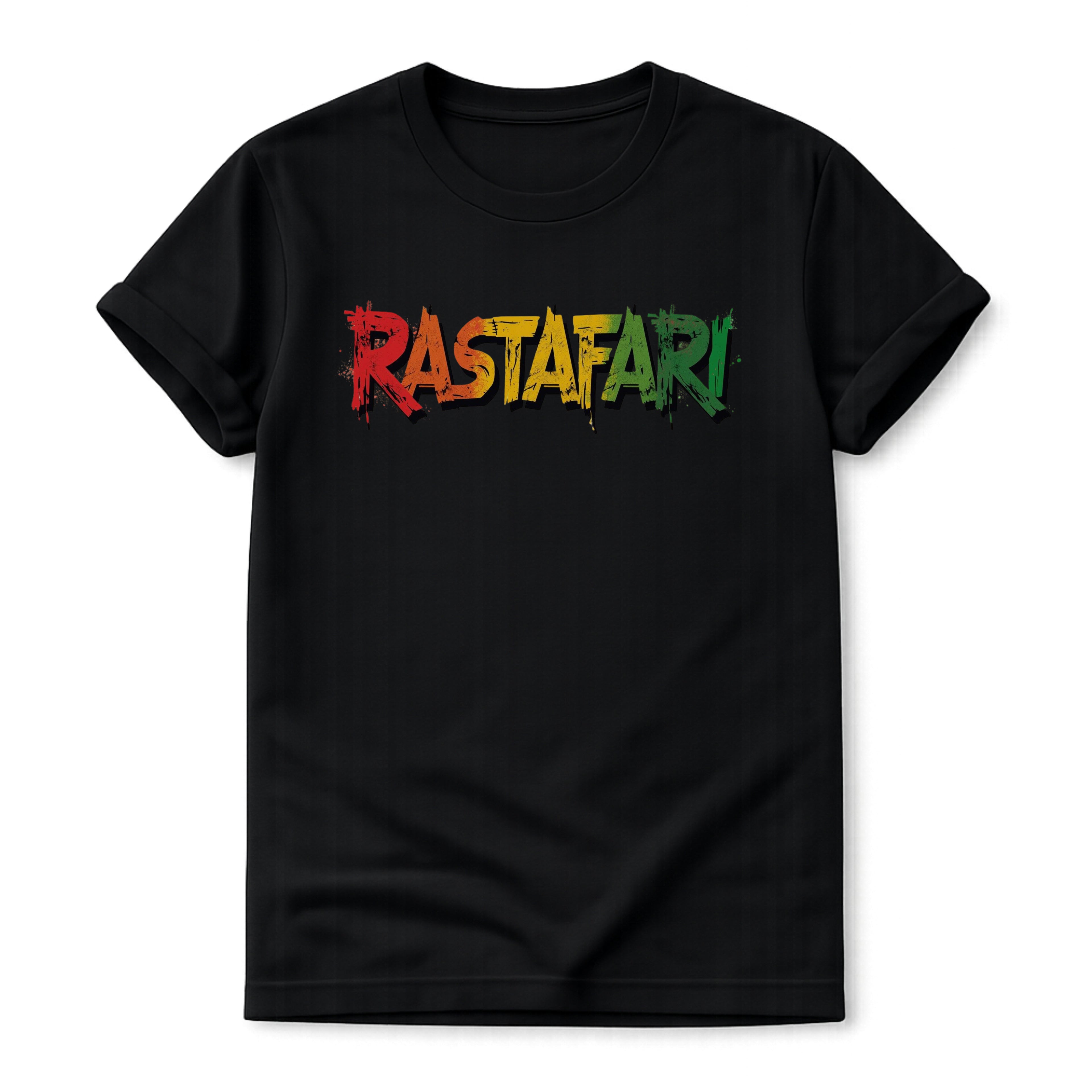 Black t-shirt with 'Rastafari' in colorful letters on a white background