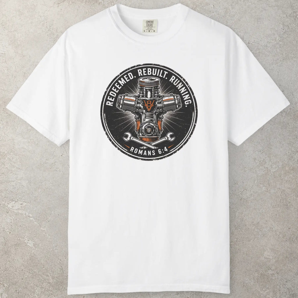 Rebuilt Engine T-Shirt in White — biker style, casual top, Comfort Colors 1717 unisex christian faith tee