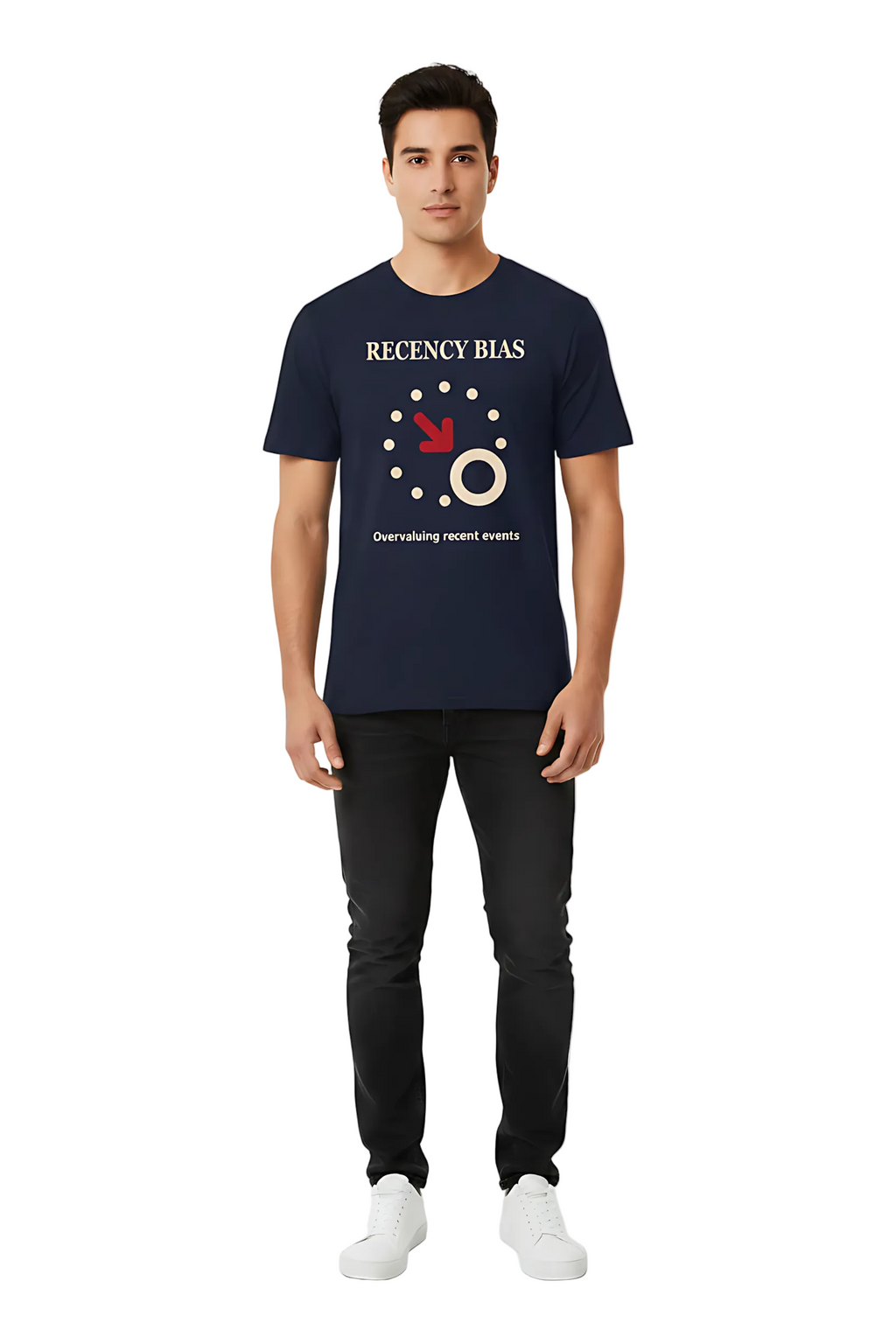 Man wearing a navy blue t-shirt with graphic design on a white background