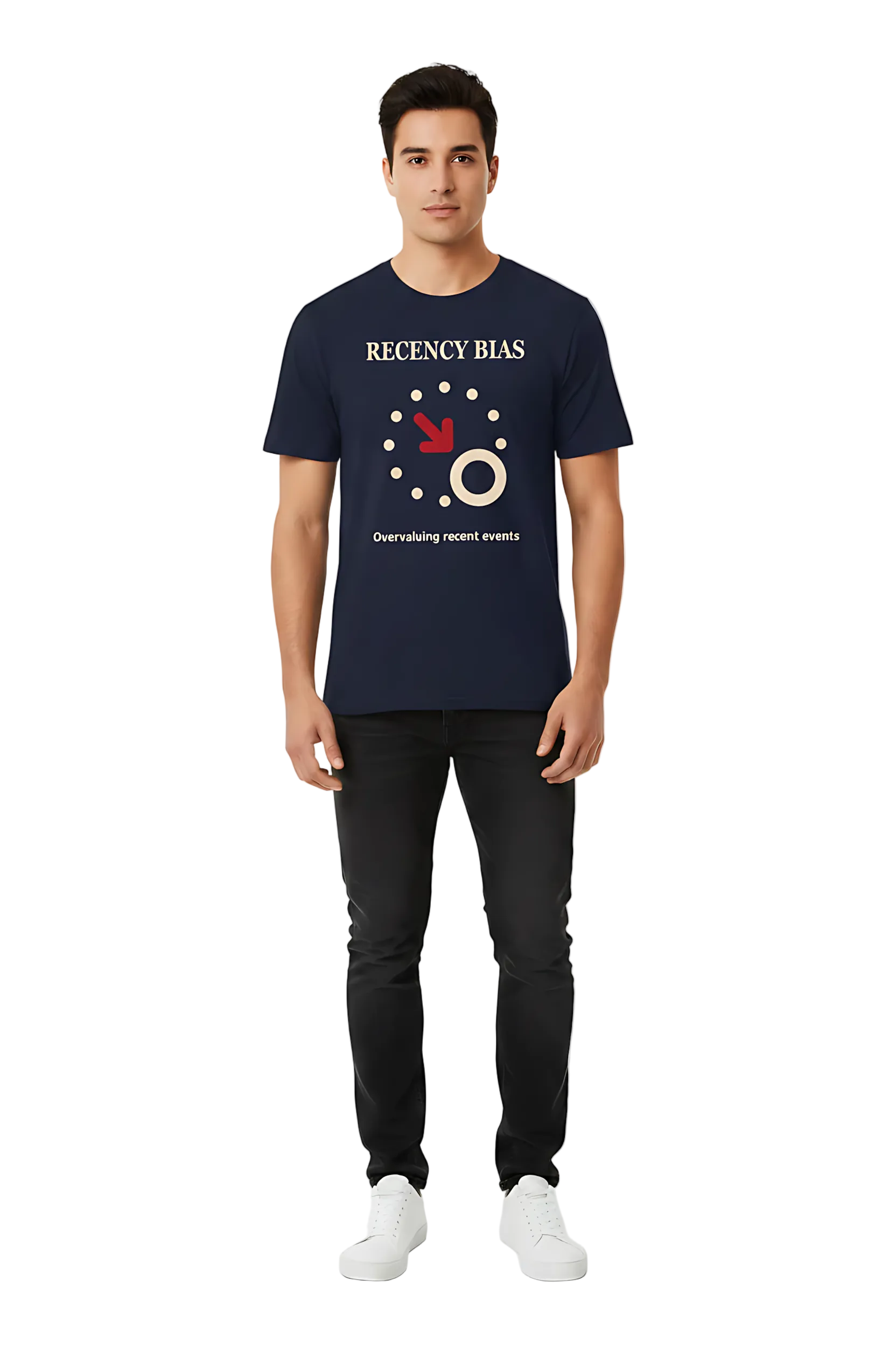 Man wearing a navy blue t-shirt with graphic design on a white background