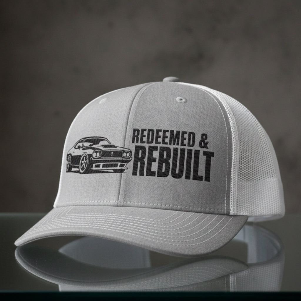 Redeemed And Rebuilt Trucker Cap in Heather Grey / White — redeemed and rebuilt, car lover, Richardson 112 christian trucker cap