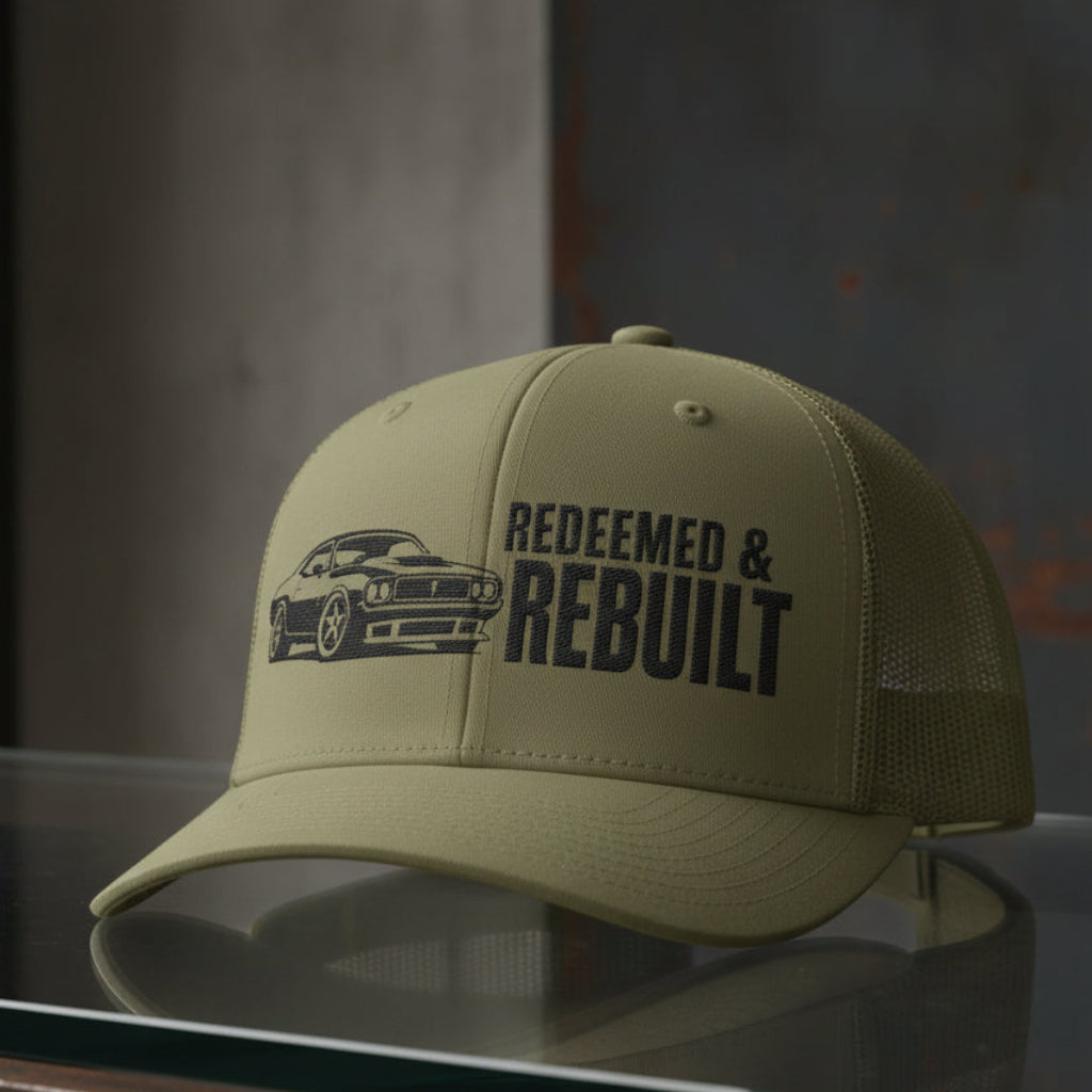 Redeemed And Rebuilt Trucker Cap in Loden (olive green), alternate view — redeemed and rebuilt, car lover, Richardson 112 christian trucker cap