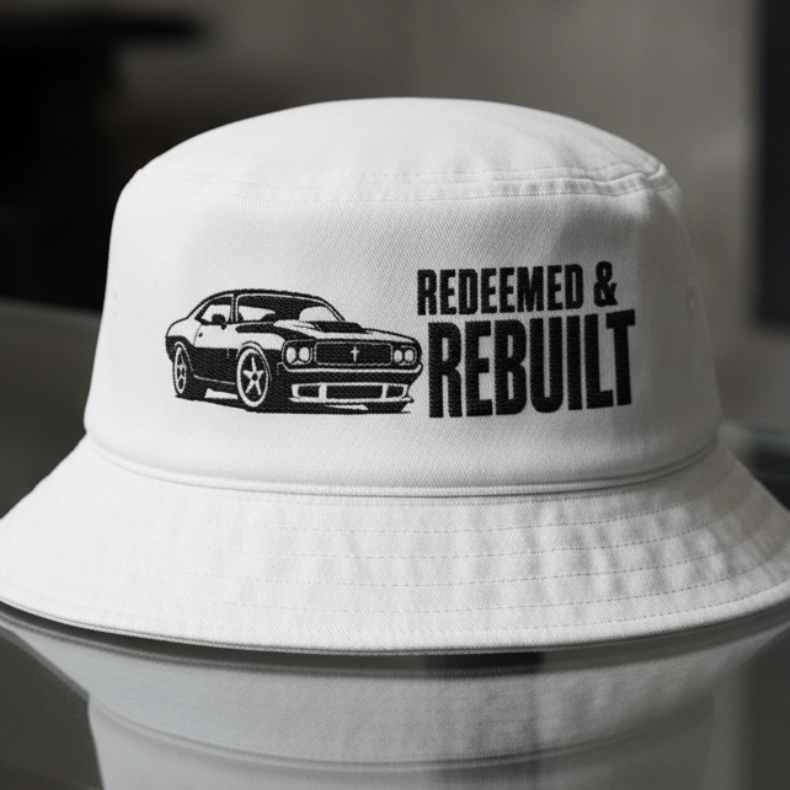 Redeemed Muscle Car Bucket Hat in White, embroidery close-up — redeemed and rebuilt, muscle car, Big Accessories BX003 christian bucket hat