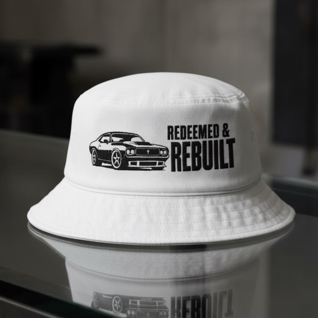 Redeemed Muscle Car Bucket Hat in White — redeemed and rebuilt, muscle car, Big Accessories BX003 christian bucket hat