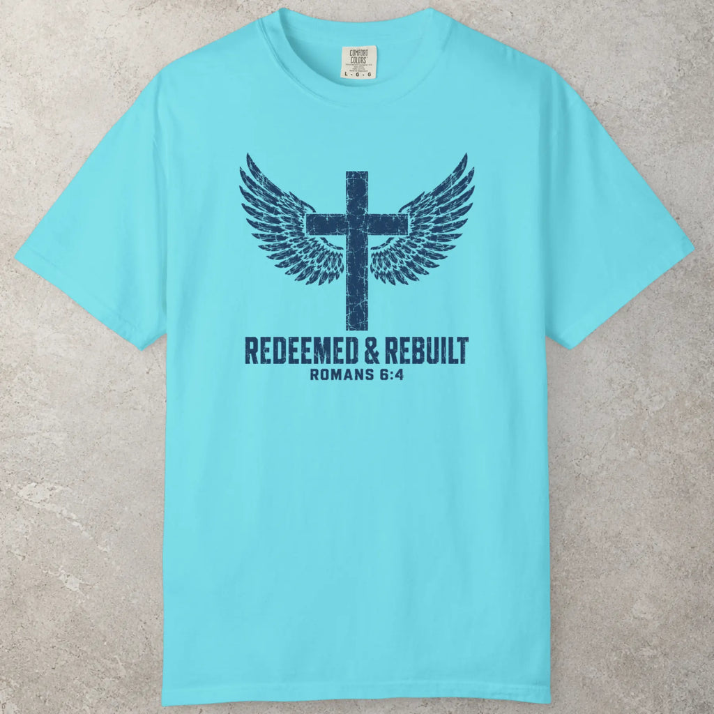 Redeemed Wings T-Shirt in Lagoon Blue (bright turquoise) — 1 peter shirt, certified chosen, Comfort Colors 1717 unisex christian faith tee