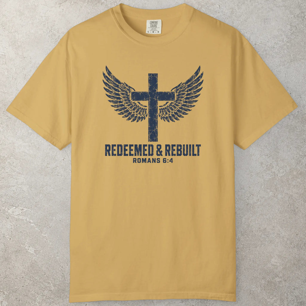 Redeemed Wings T-Shirt in Mustard (golden mustard yellow) — 1 peter shirt, certified chosen, Comfort Colors 1717 unisex christian faith tee