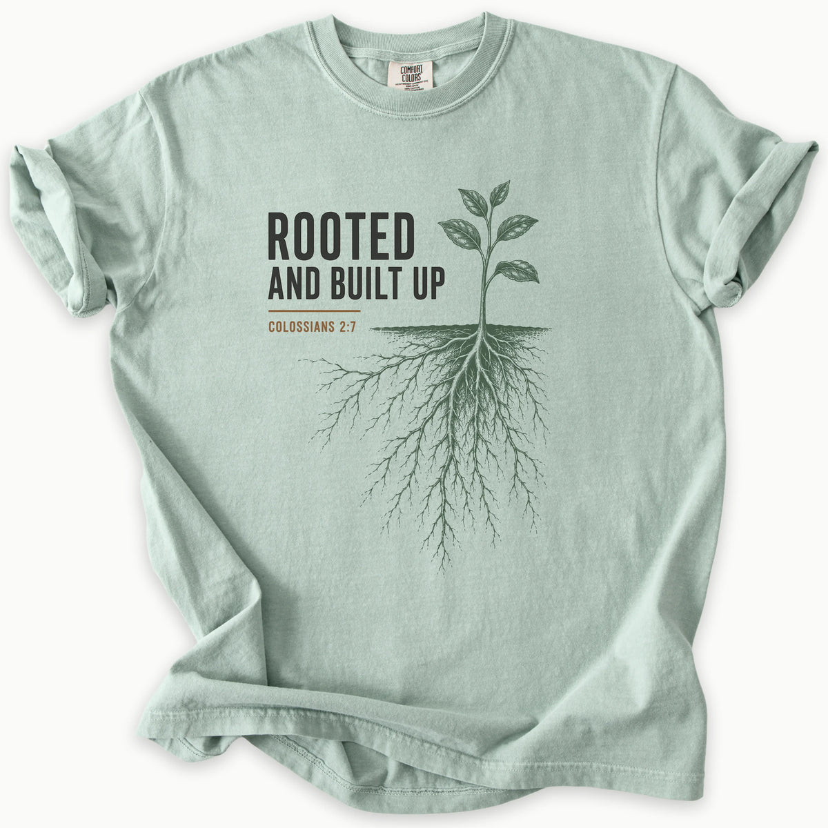 Rooted And Built Up T-Shirt in Bay (sage green) — Colossians 2:7, Rooted in Christ, Comfort Colors 1717 unisex christian faith tee