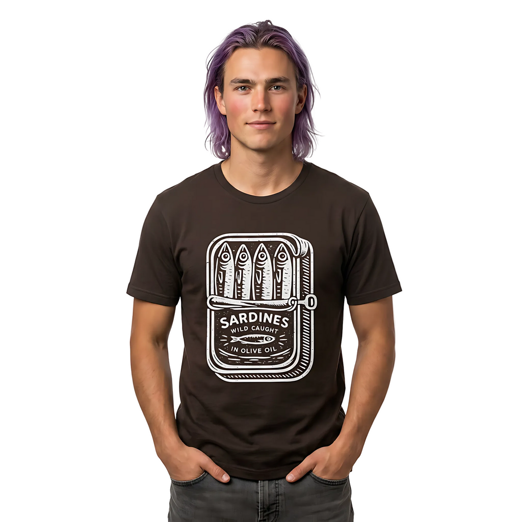 Man wearing a black t-shirt with a sardine can graphic on a white background