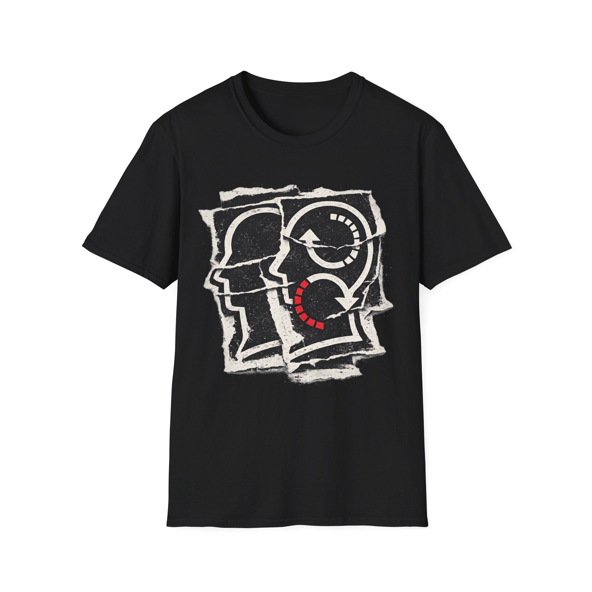 Soliloquy abstract psychology graphic tee featuring layered head silhouettes, inner-dialogue inspired artwork, and thoughtful minimalist styling on a black T-shirt.