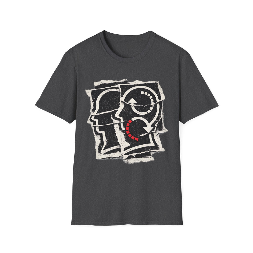 Soliloquy abstract psychology graphic tee featuring layered head silhouettes, inner-dialogue inspired artwork, and thoughtful minimalist styling on a dark heather T-shirt.