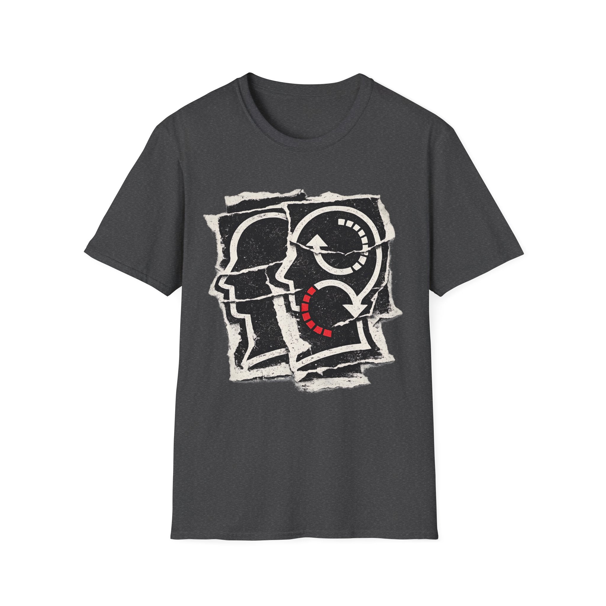 Soliloquy abstract psychology graphic tee featuring layered head silhouettes, inner-dialogue inspired artwork, and thoughtful minimalist styling on a dark heather T-shirt.