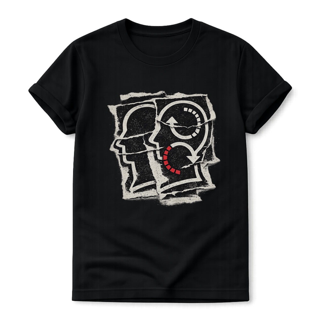 Black t-shirt with black graphic soliloquy psychology rare word design worn by a person on a white background