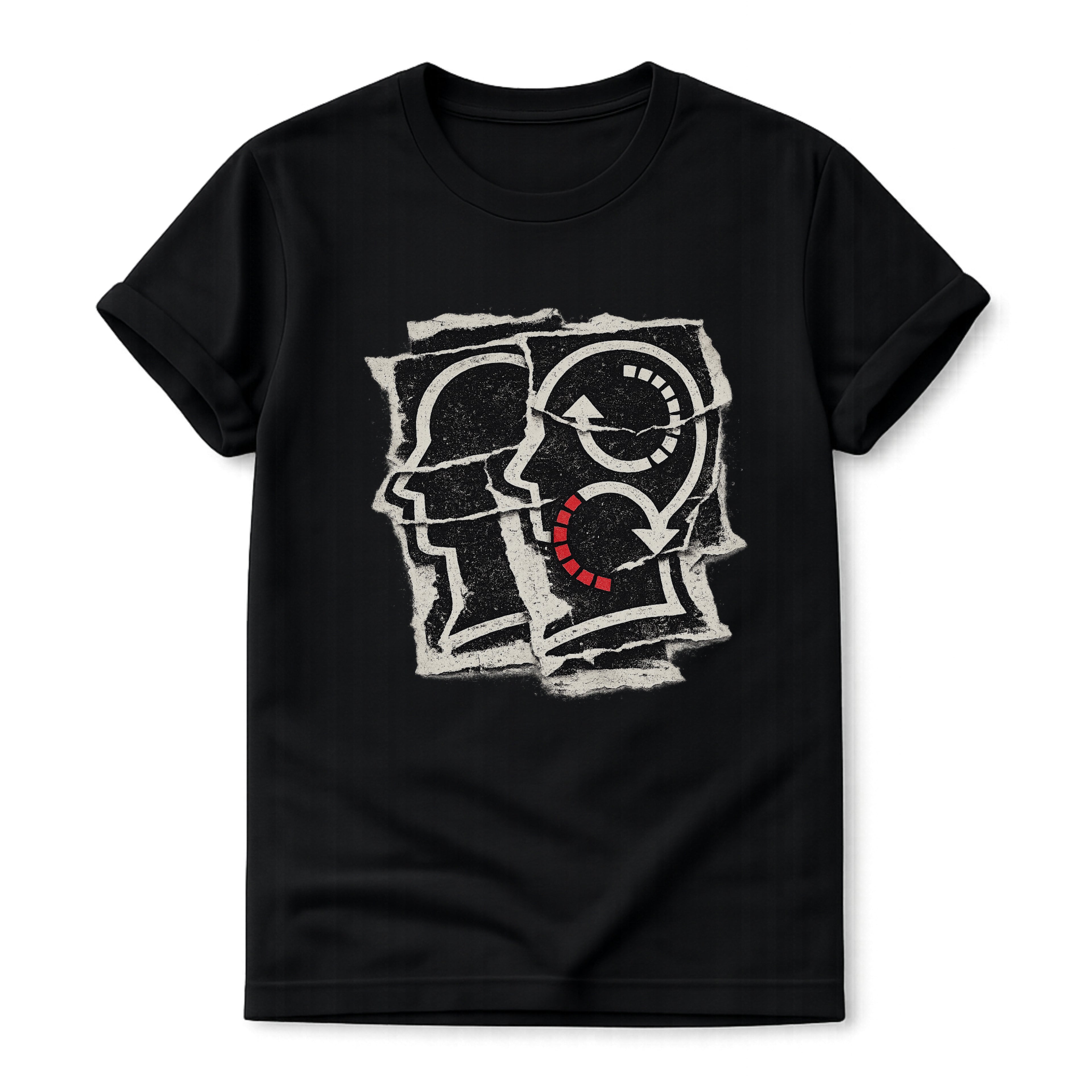 Black t-shirt with black graphic soliloquy psychology rare word design worn by a person on a white background