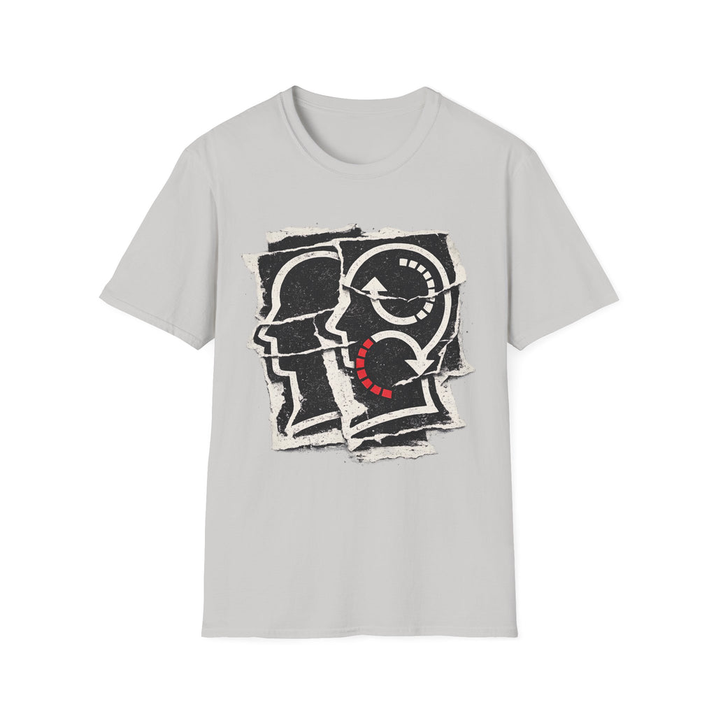 Soliloquy abstract psychology graphic tee featuring layered head silhouettes, inner-dialogue inspired artwork, and thoughtful minimalist styling on a ice grey T-shirt.