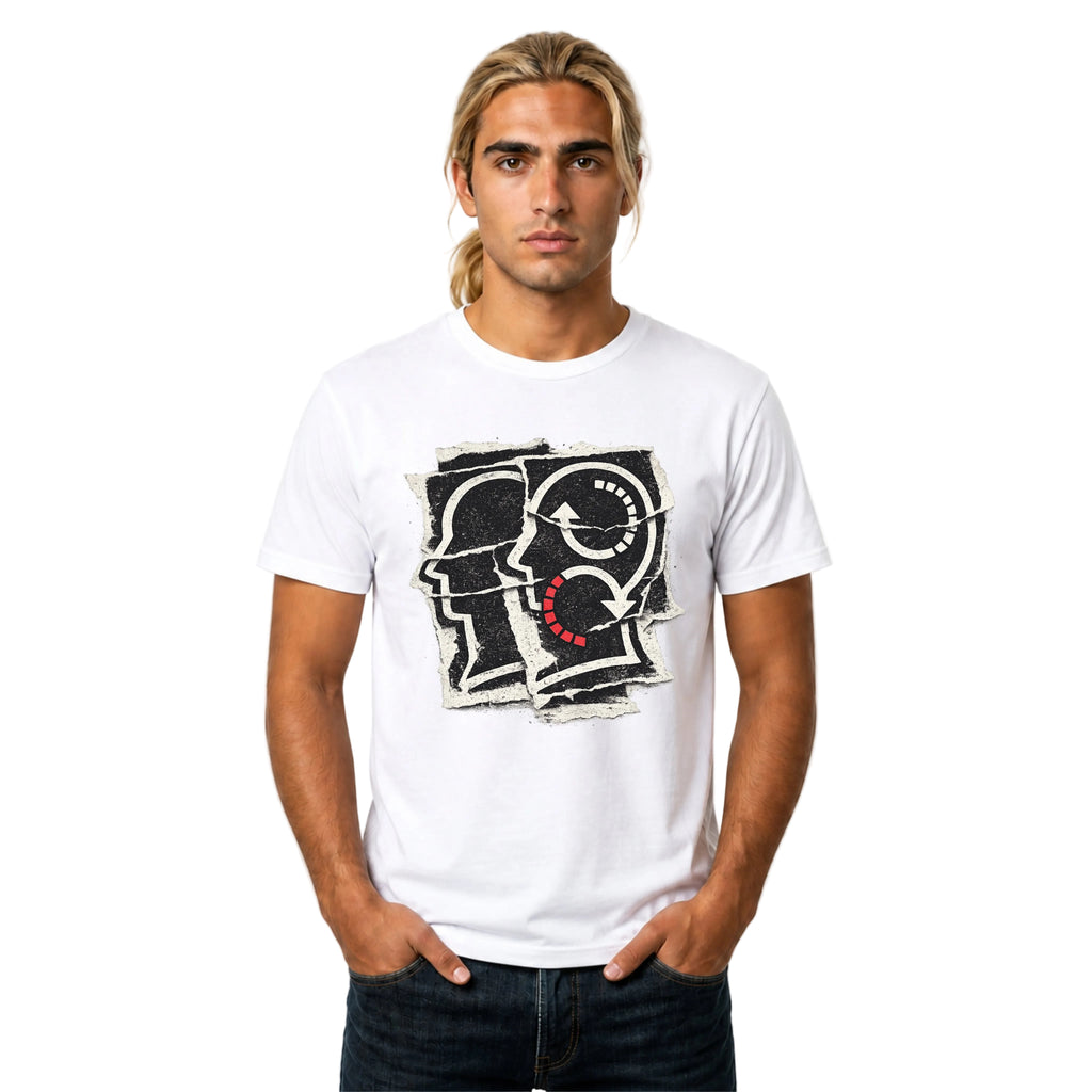 Soliloquy abstract psychology graphic tee featuring layered head silhouettes, inner-dialogue inspired artwork, and thoughtful minimalist styling on a white T-shirt.