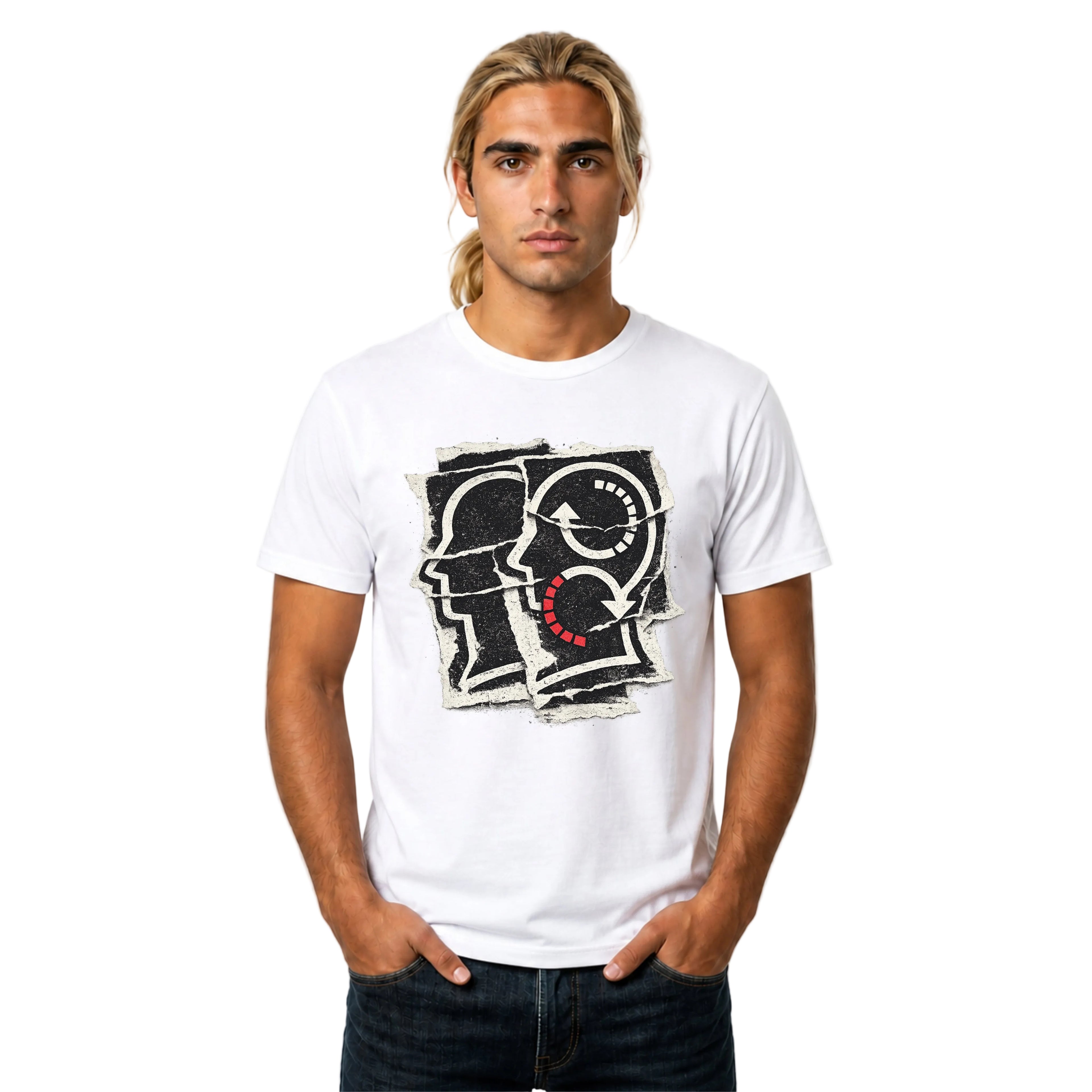 Soliloquy abstract psychology graphic tee featuring layered head silhouettes, inner-dialogue inspired artwork, and thoughtful minimalist styling on a white T-shirt.
