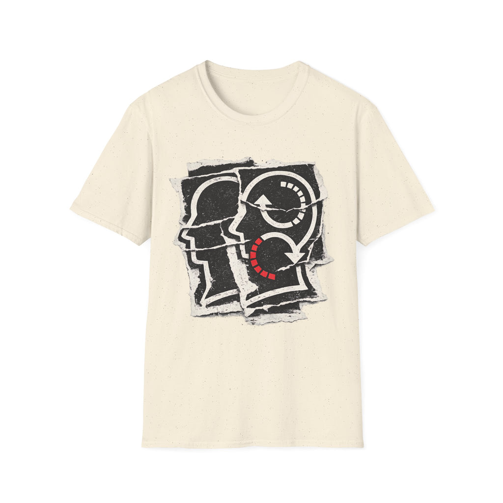 Soliloquy abstract psychology graphic tee featuring layered head silhouettes, inner-dialogue inspired artwork, and thoughtful minimalist styling on a natural T-shirt.