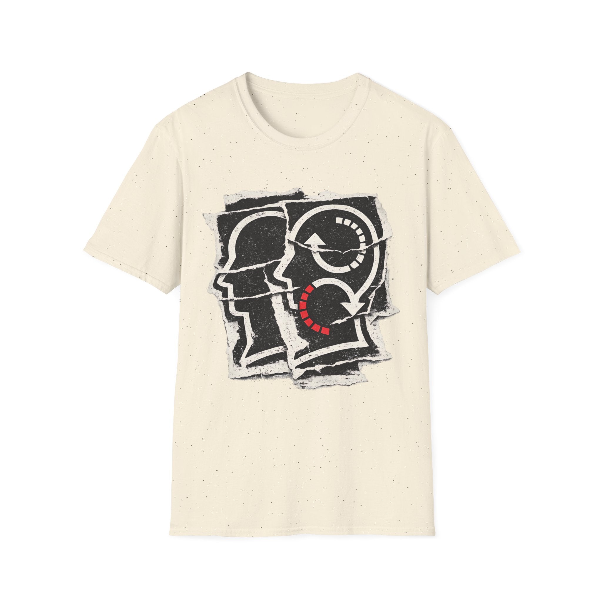 Soliloquy abstract psychology graphic tee featuring layered head silhouettes, inner-dialogue inspired artwork, and thoughtful minimalist styling on a natural T-shirt.