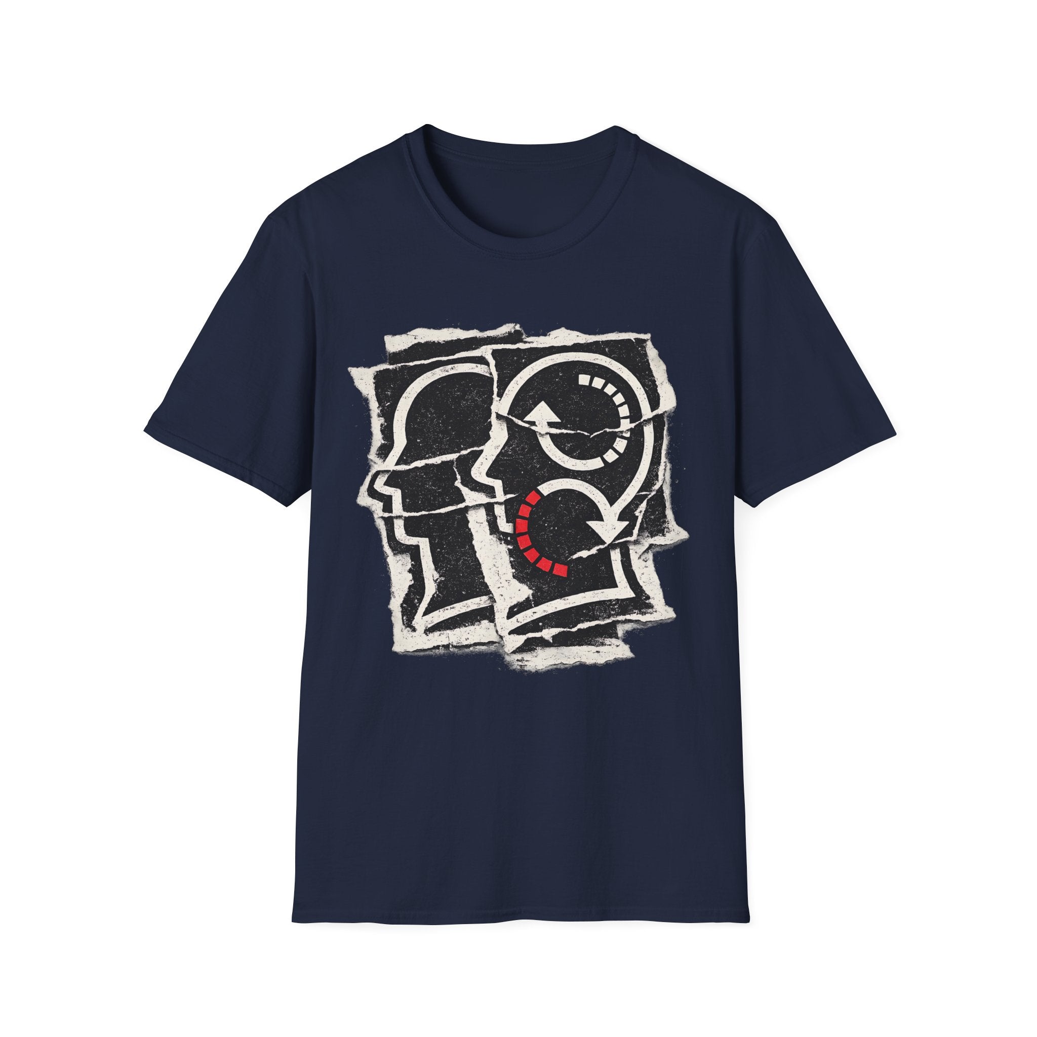 Soliloquy abstract psychology graphic tee featuring layered head silhouettes, inner-dialogue inspired artwork, and thoughtful minimalist styling on a navy T-shirt.