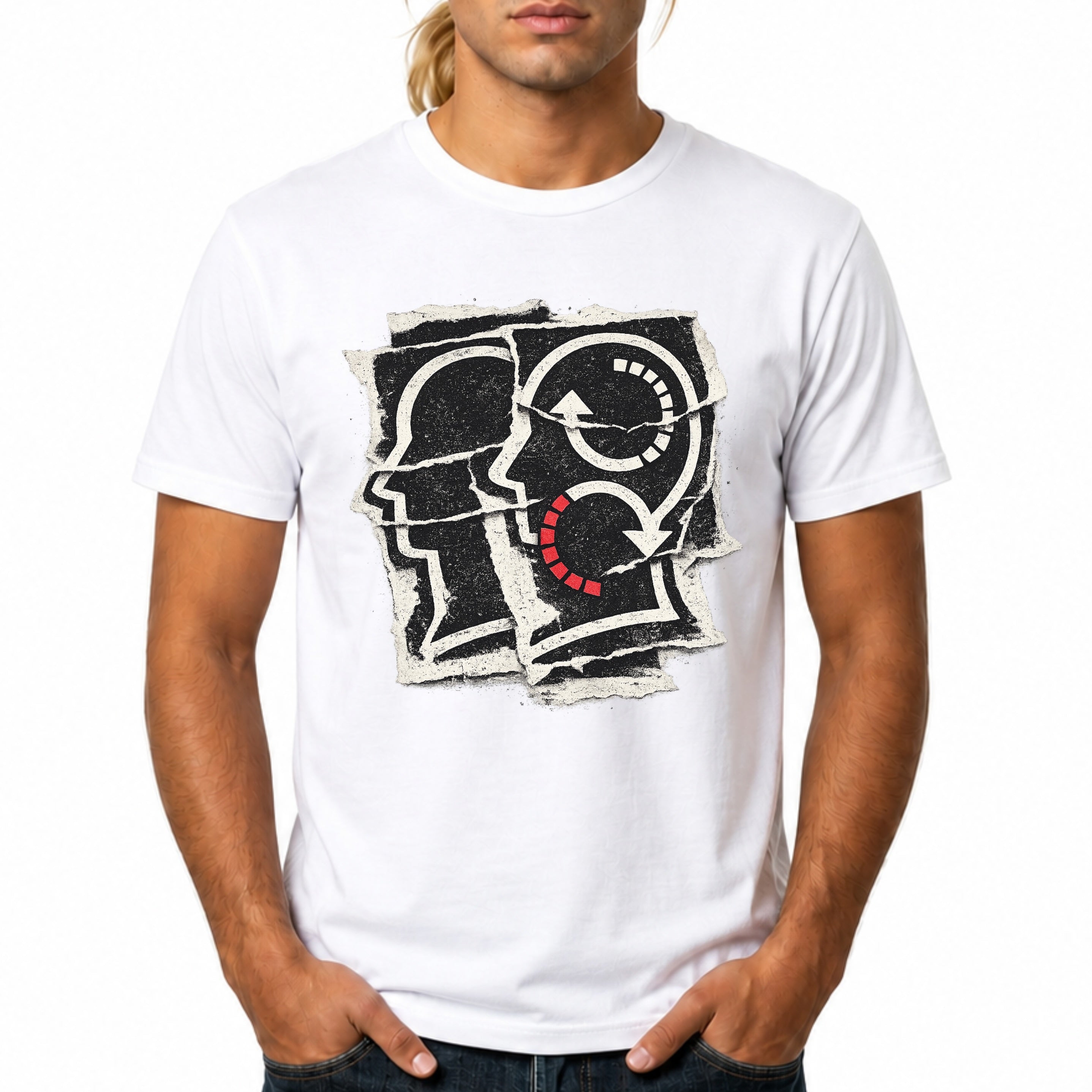 White t-shirt with black graphic soliloquy psychology rare word design worn by a person on a white background