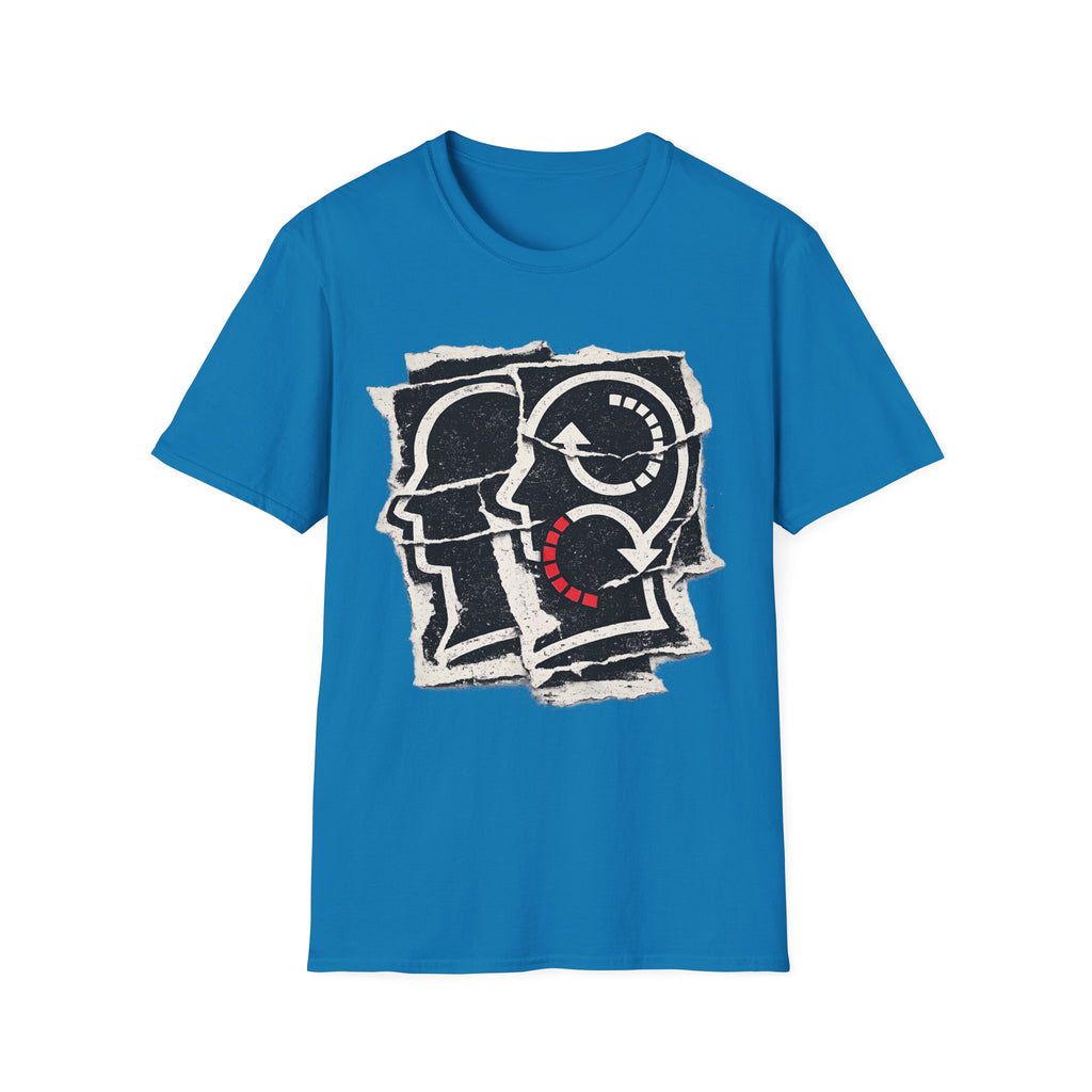 Soliloquy abstract psychology graphic tee featuring layered head silhouettes, inner-dialogue inspired artwork, and thoughtful minimalist styling on a sapphire T-shirt.