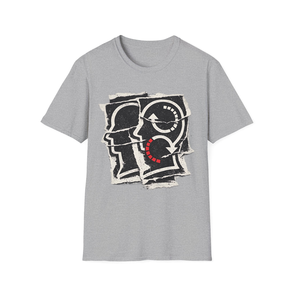 Soliloquy abstract psychology graphic tee featuring layered head silhouettes, inner-dialogue inspired artwork, and thoughtful minimalist styling on a sports grey T-shirt.