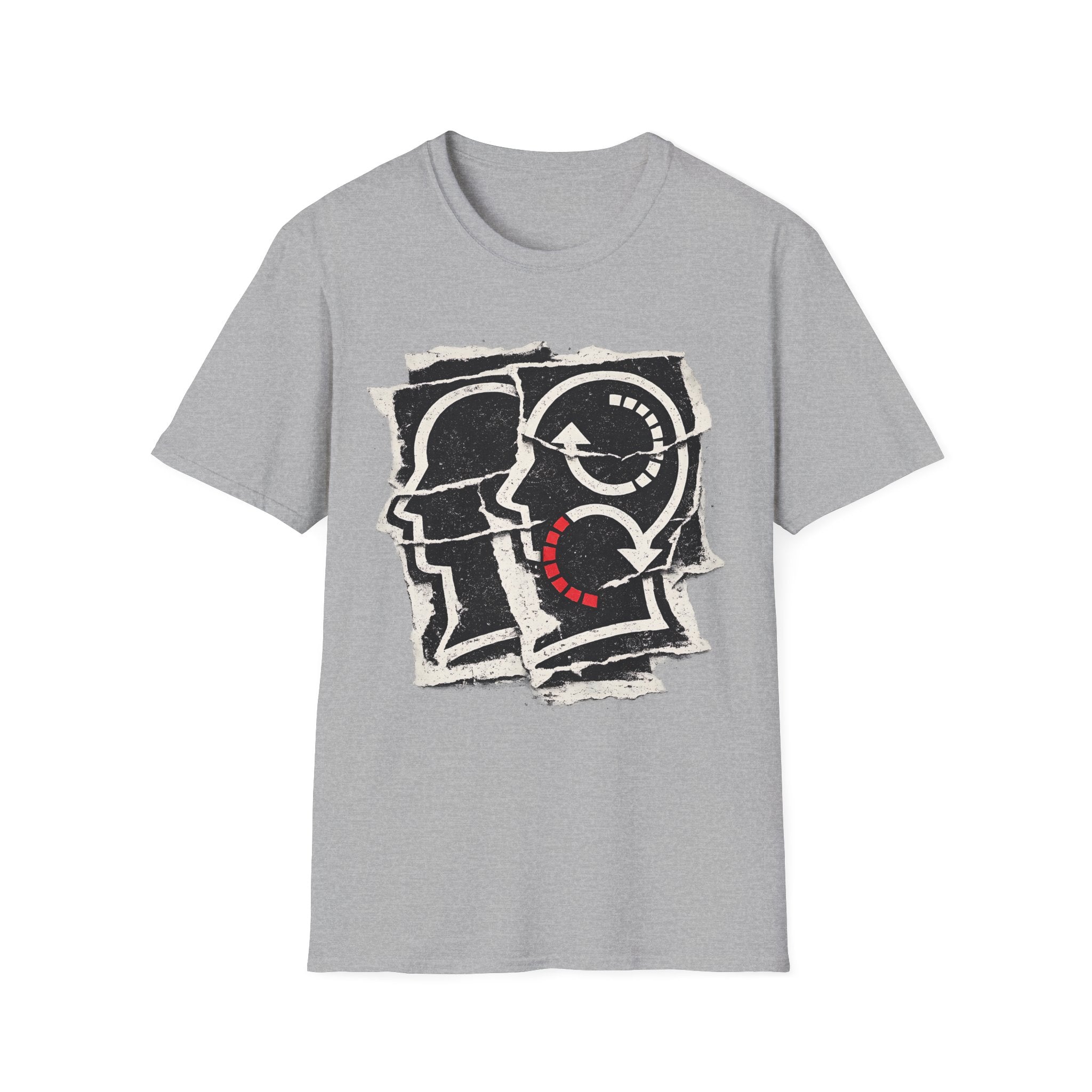 Soliloquy abstract psychology graphic tee featuring layered head silhouettes, inner-dialogue inspired artwork, and thoughtful minimalist styling on a sports grey T-shirt.