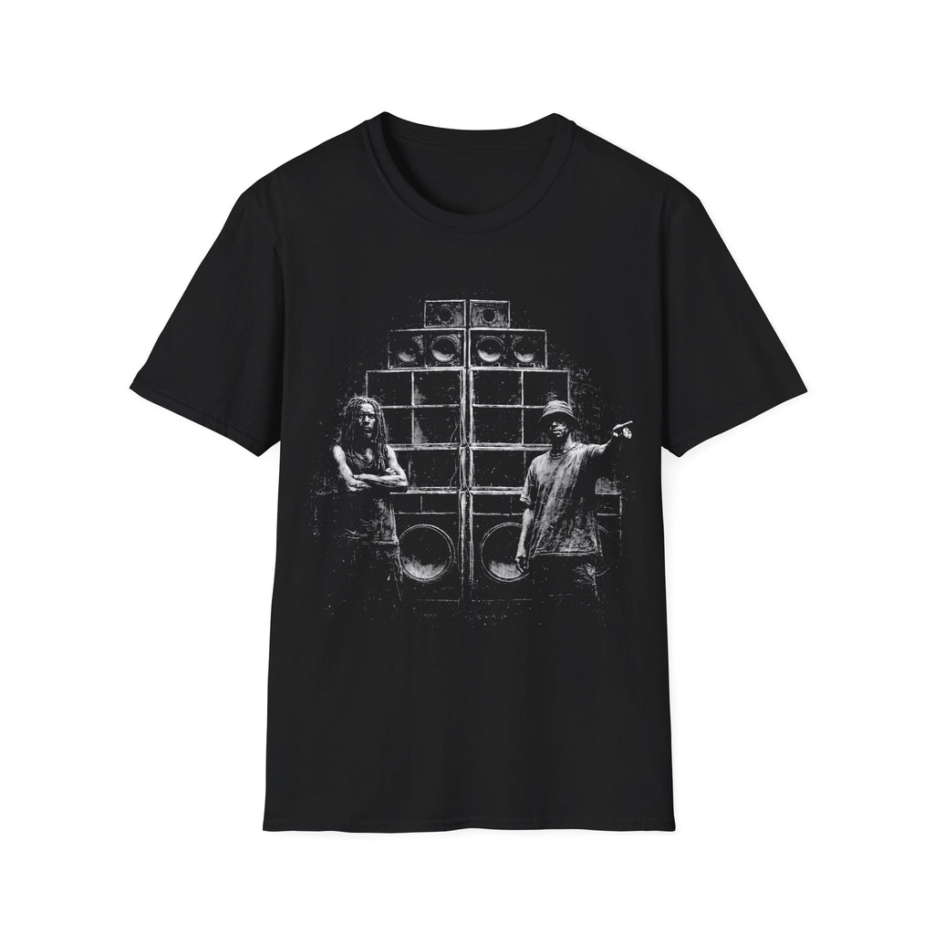 Sound system reggae dancehall T-shirt with gritty speaker stack artwork on a black tee. A music graphic tee for dub, festival, clubbing, DJ, and bass culture fans.