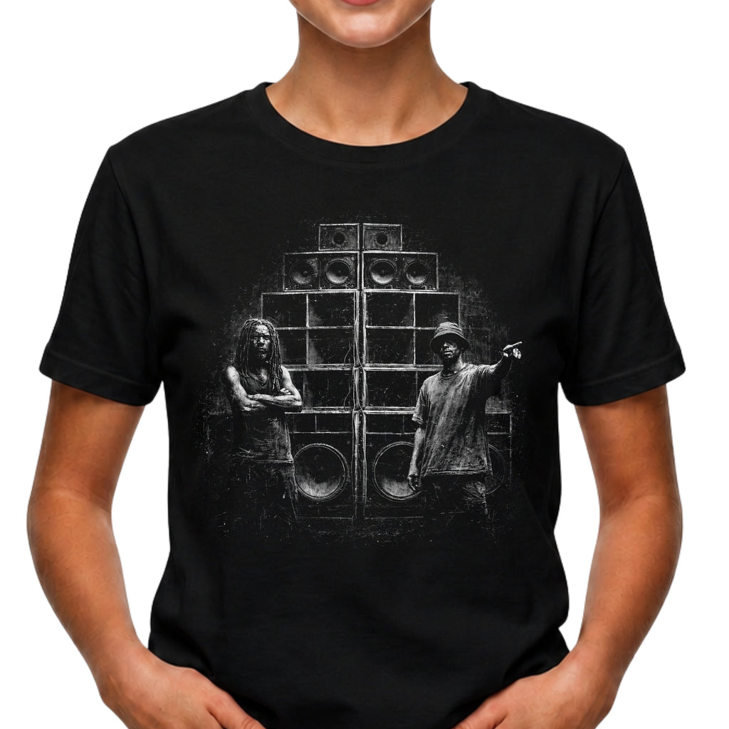Sound system reggae dancehall T-shirt with gritty speaker stack artwork on a black tee. A music graphic tee for dub, festival, clubbing, DJ, and bass culture fans.