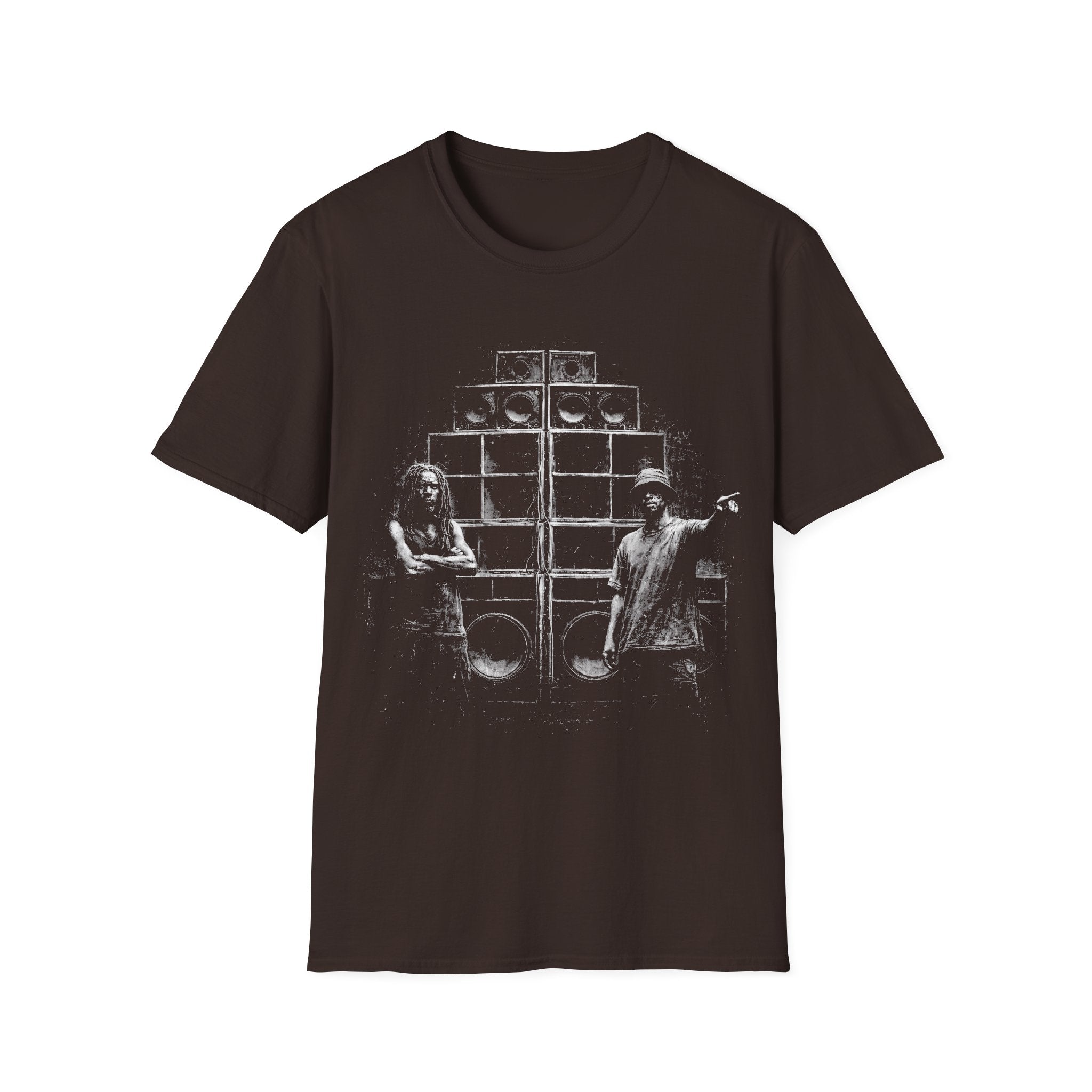Sound system reggae dancehall T-shirt with gritty speaker stack artwork on a chocolate brown tee. A music graphic tee for dub, festival, clubbing, DJ, and bass culture fans.
