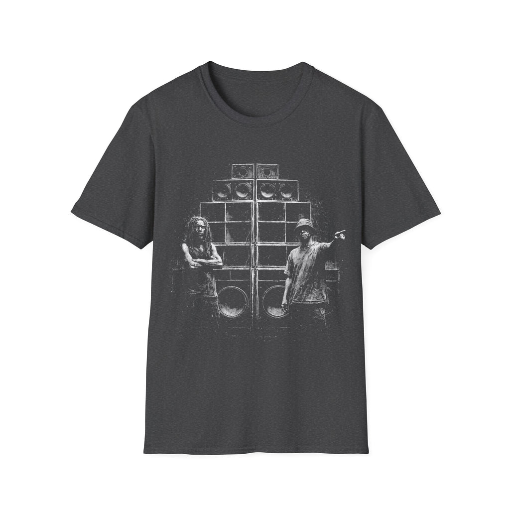 Sound system reggae dancehall T-shirt with gritty speaker stack artwork on a dark heather grey tee. A music graphic tee for dub, festival, clubbing, DJ, and bass culture fans.