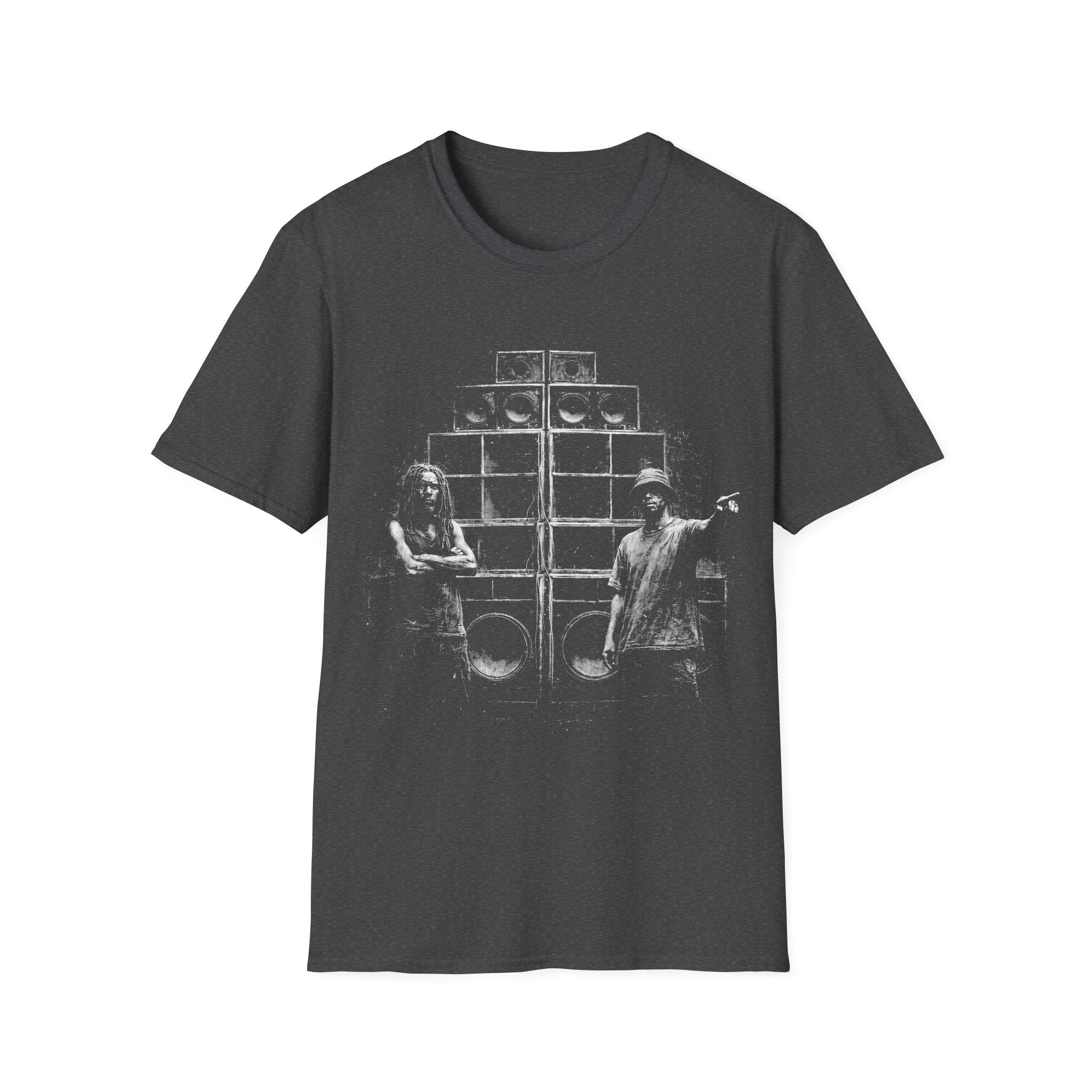 Sound system reggae dancehall T-shirt with gritty speaker stack artwork on a dark heather grey tee. A music graphic tee for dub, festival, clubbing, DJ, and bass culture fans.