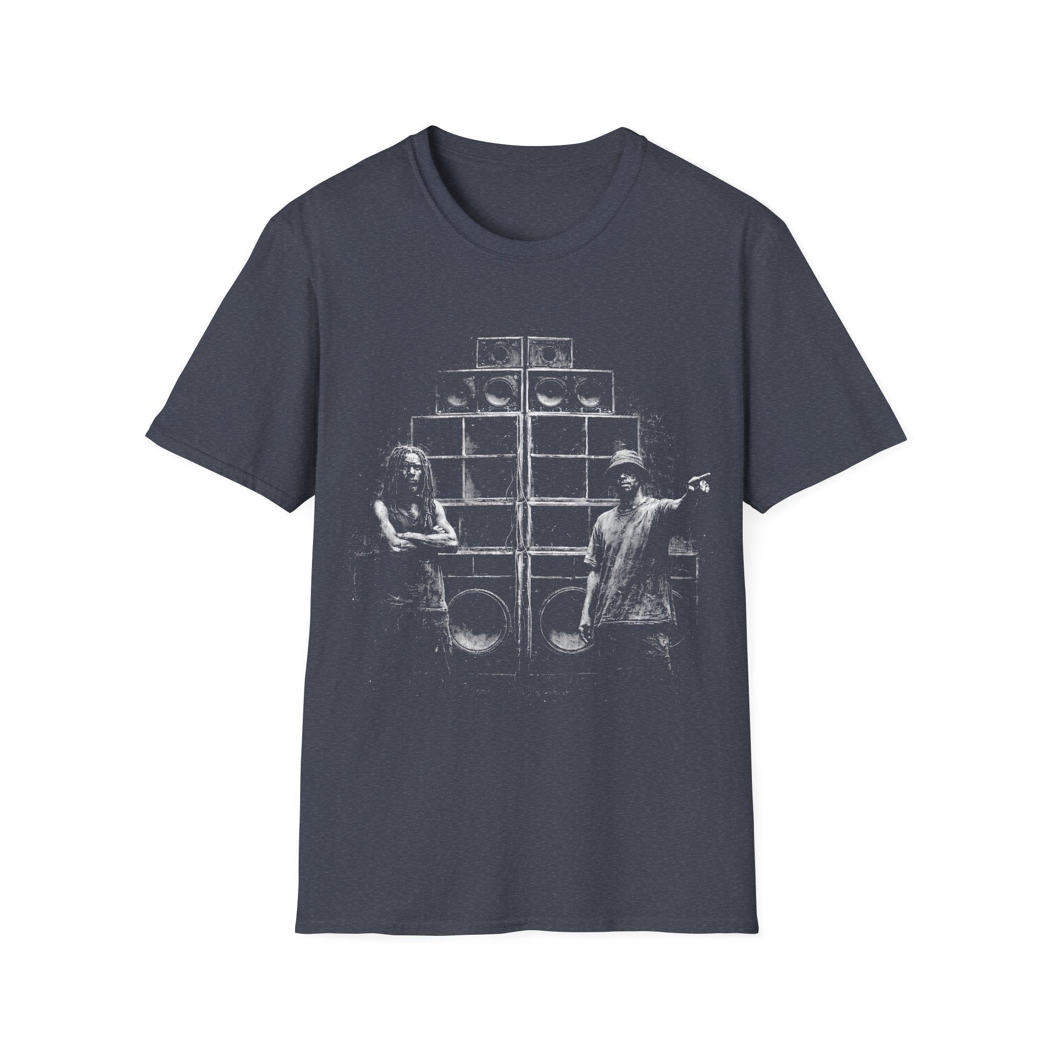 Sound system reggae dancehall T-shirt with gritty speaker stack artwork on a heather navy tee. A music graphic tee for dub, festival, clubbing, DJ, and bass culture fans.