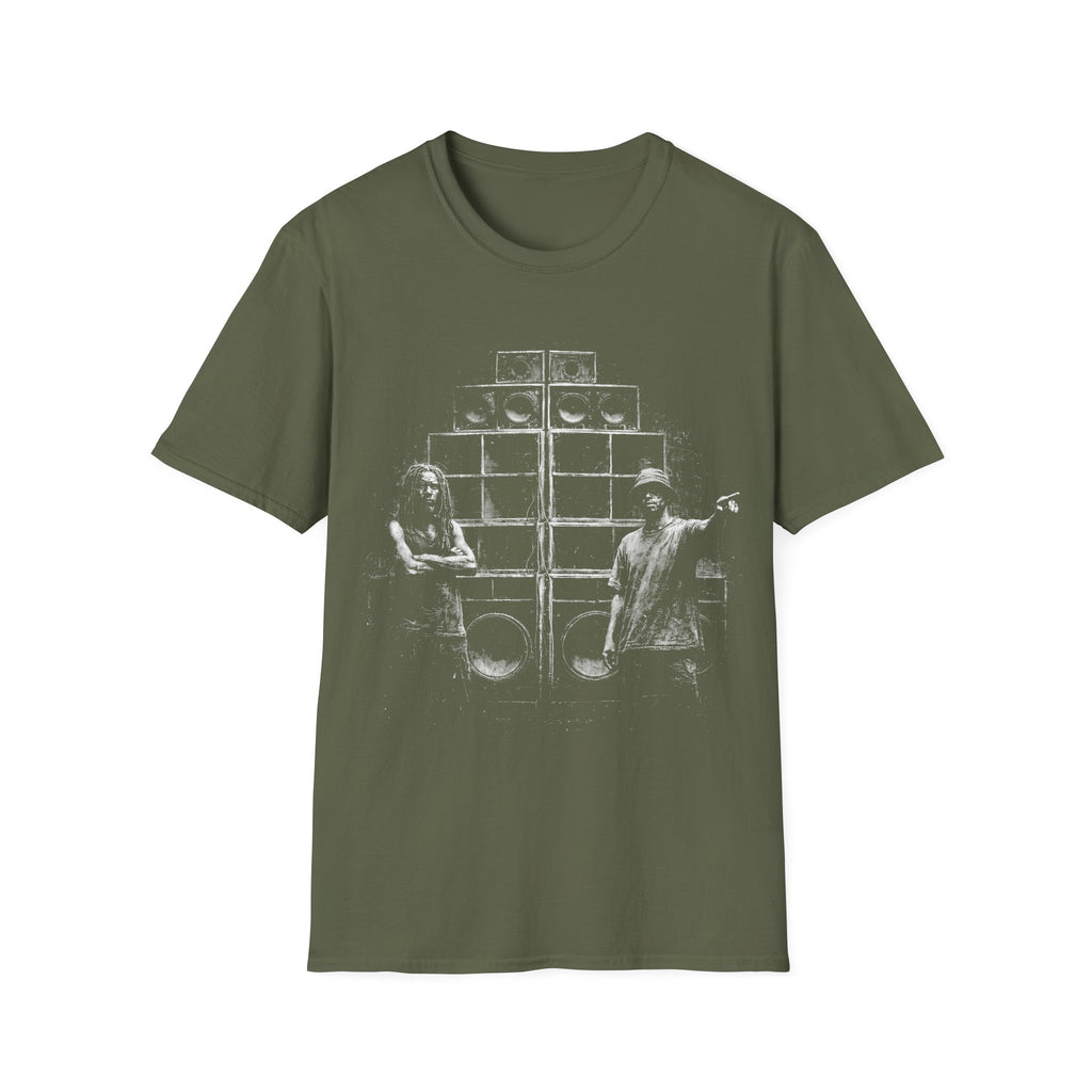 Sound system reggae dancehall T-shirt with gritty speaker stack artwork on a military green tee. A music graphic tee for dub, festival, clubbing, DJ, and bass culture fans.