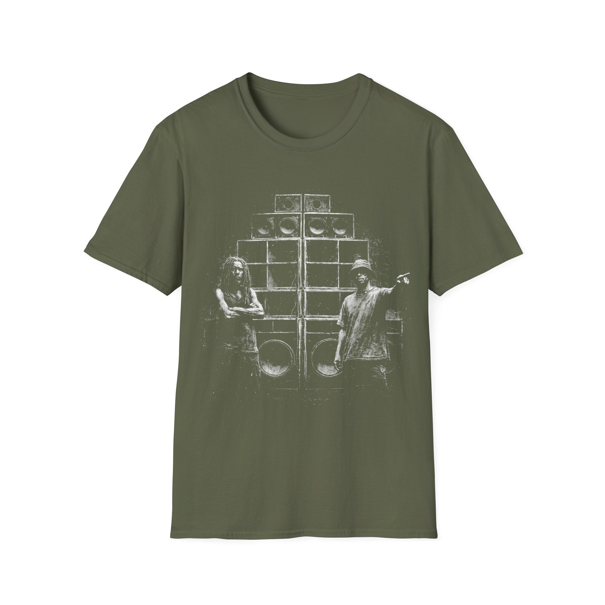 Sound system reggae dancehall T-shirt with gritty speaker stack artwork on a military green tee. A music graphic tee for dub, festival, clubbing, DJ, and bass culture fans.