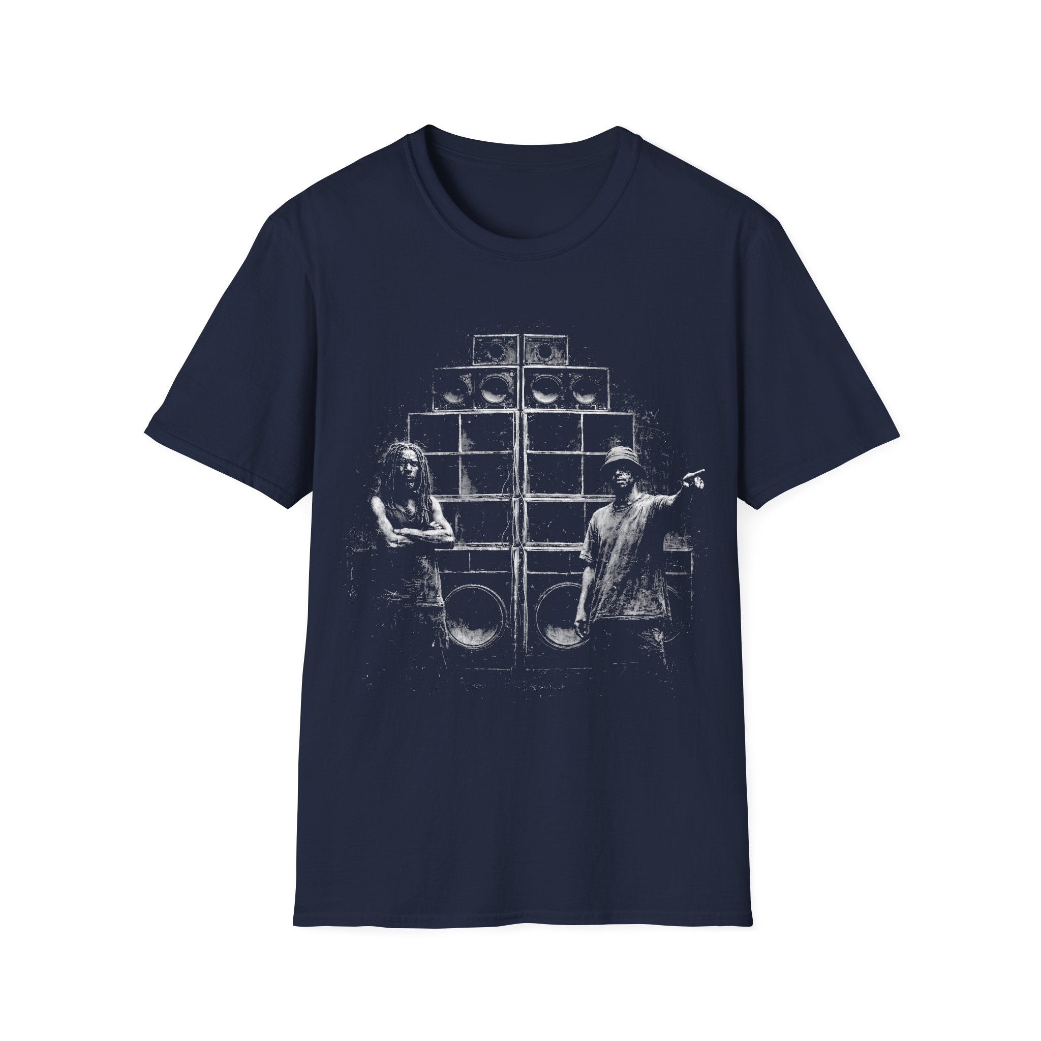 Sound system reggae dancehall T-shirt with gritty speaker stack artwork on a navy blue tee. A music graphic tee for dub, festival, clubbing, DJ, and bass culture fans.