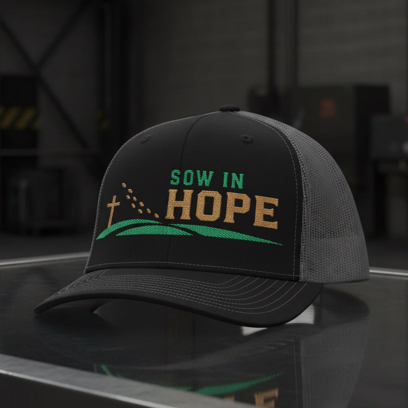 Sow In Hope Trucker Cap in Black / Charcoal — sow in hope, farmer, Richardson 112 christian trucker cap