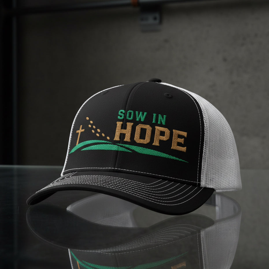 Sow In Hope Trucker Cap in Black / White — sow in hope, farmer, Richardson 112 christian trucker cap