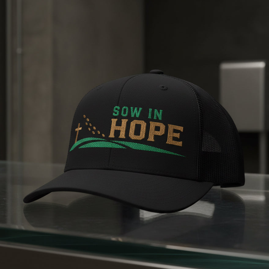 Sow In Hope Trucker Cap in Black — sow in hope, farmer, Richardson 112 christian trucker cap