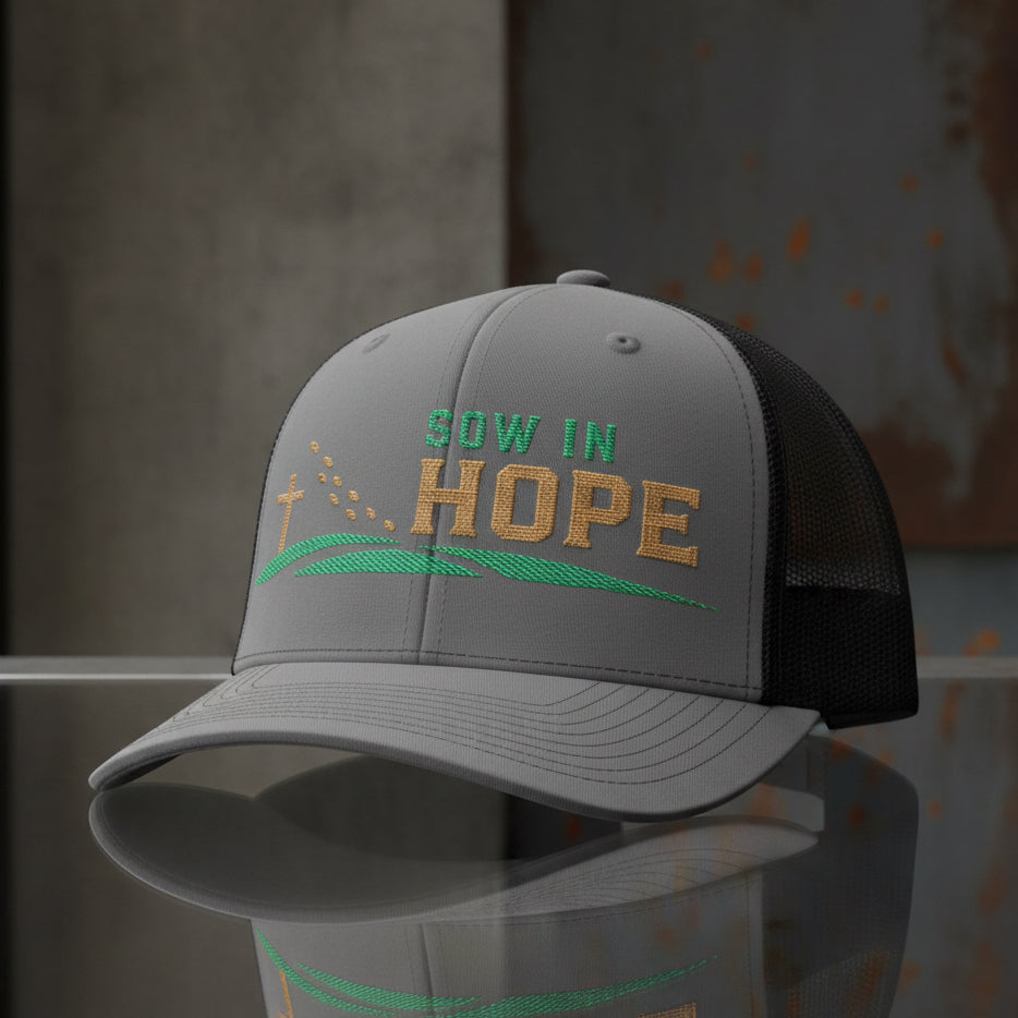 Sow In Hope Trucker Cap in Charcoal / Black — sow in hope, farmer, Richardson 112 christian trucker cap