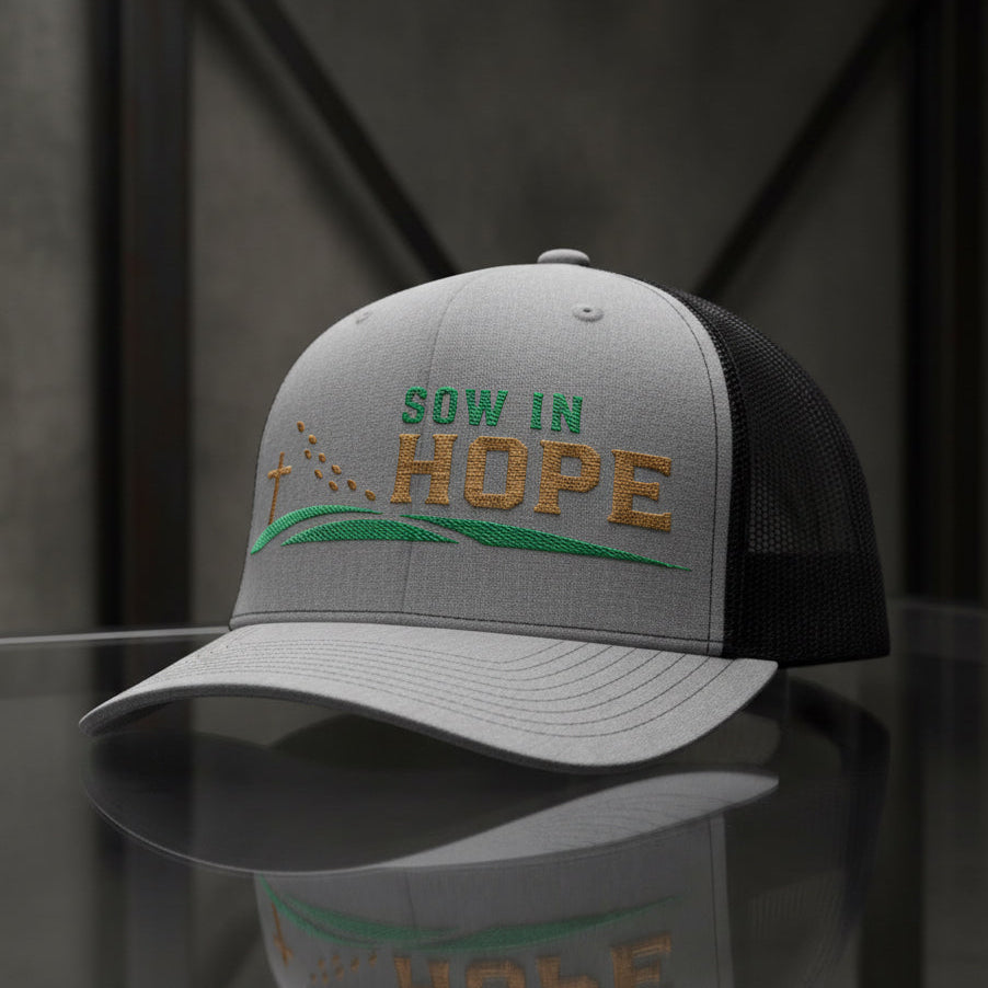 Sow In Hope Trucker Cap in Heather Grey / Black — sow in hope, farmer, Richardson 112 christian trucker cap