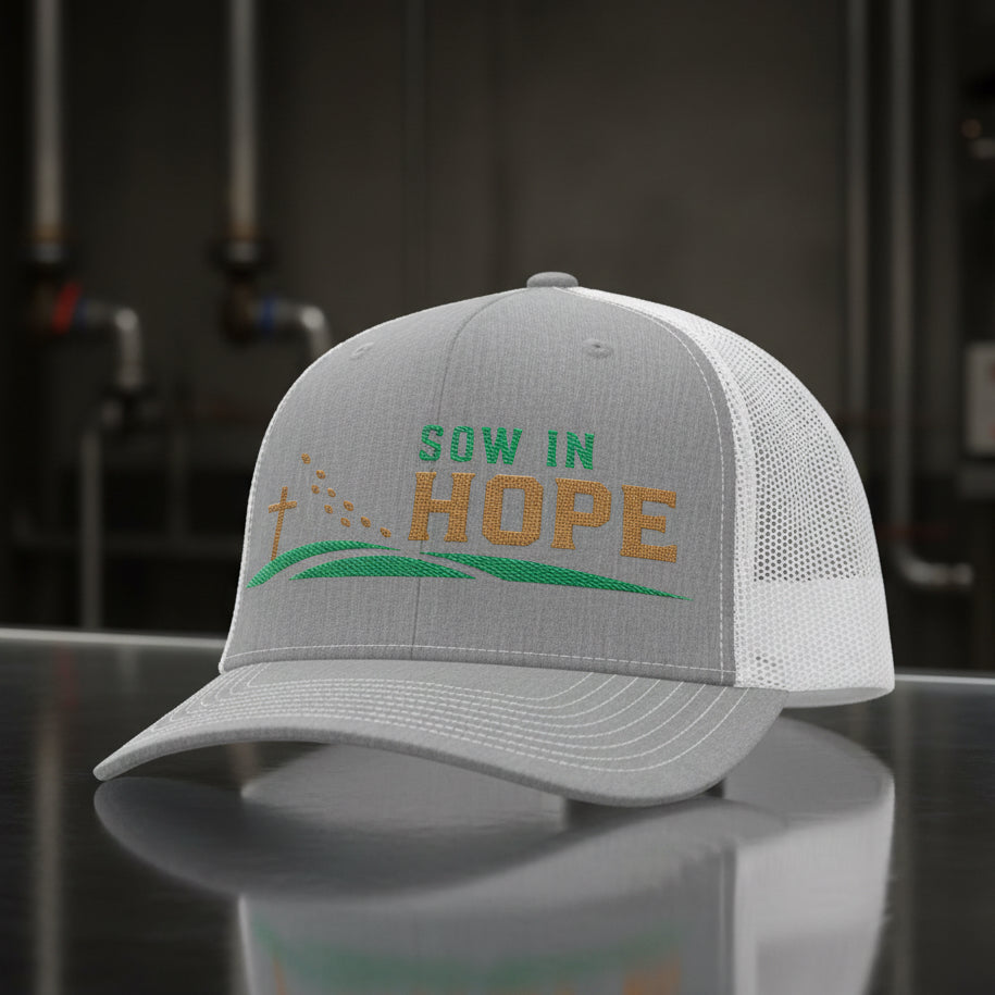 Sow In Hope Trucker Cap in Heather Grey / White — sow in hope, farmer, Richardson 112 christian trucker cap