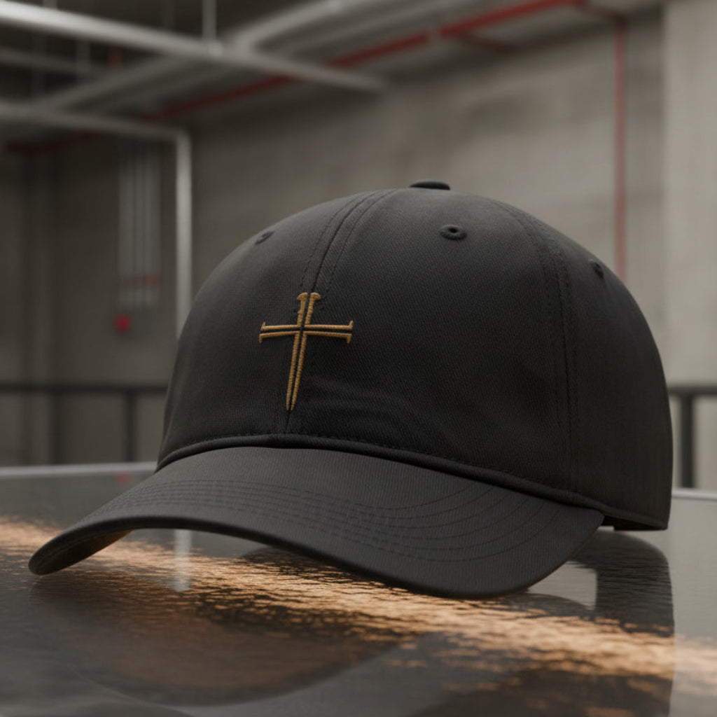 Split Nail Cross Cap in Black — split nail cross, crucifixion, Comfort Colors CCWC0 washed christian cap