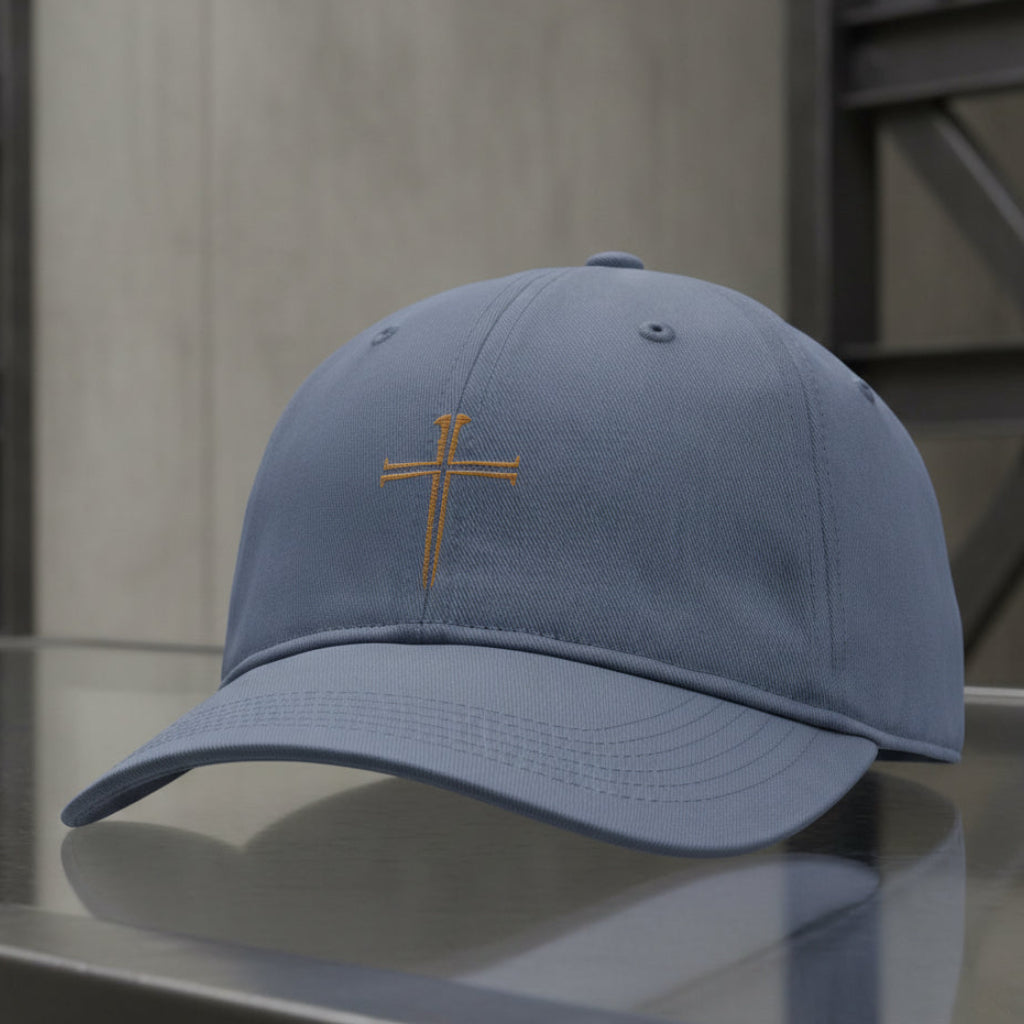 Split Nail Cross Cap in Blue Jean (slate blue) — split nail cross, crucifixion, Comfort Colors CCWC0 washed christian cap