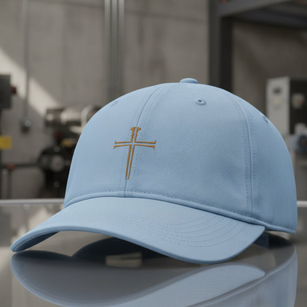 Split Nail Cross Cap in Hydrangea (light blue) — split nail cross, crucifixion, Comfort Colors CCWC0 washed christian cap