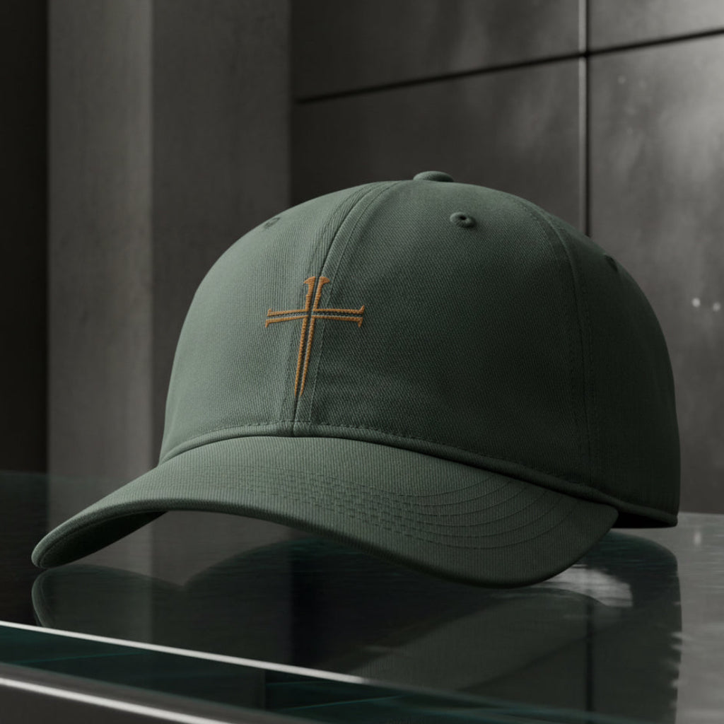 Split Nail Cross Cap in Moss (green) — split nail cross, crucifixion, Comfort Colors CCWC0 washed christian cap